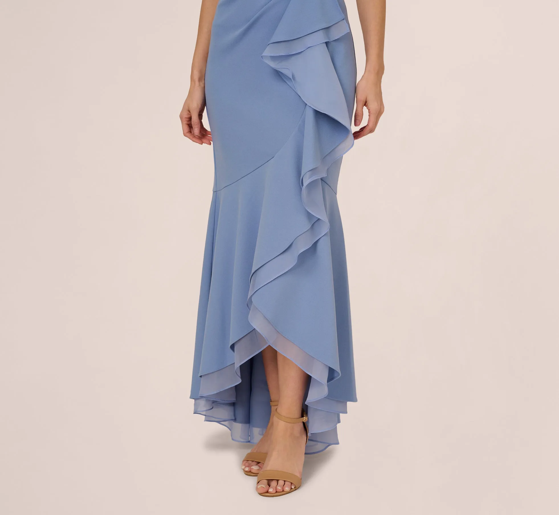 High Low Crepe Halter Gown With Organza Draping In French Blue sold by Adrianna Papell product image thumbnail 5