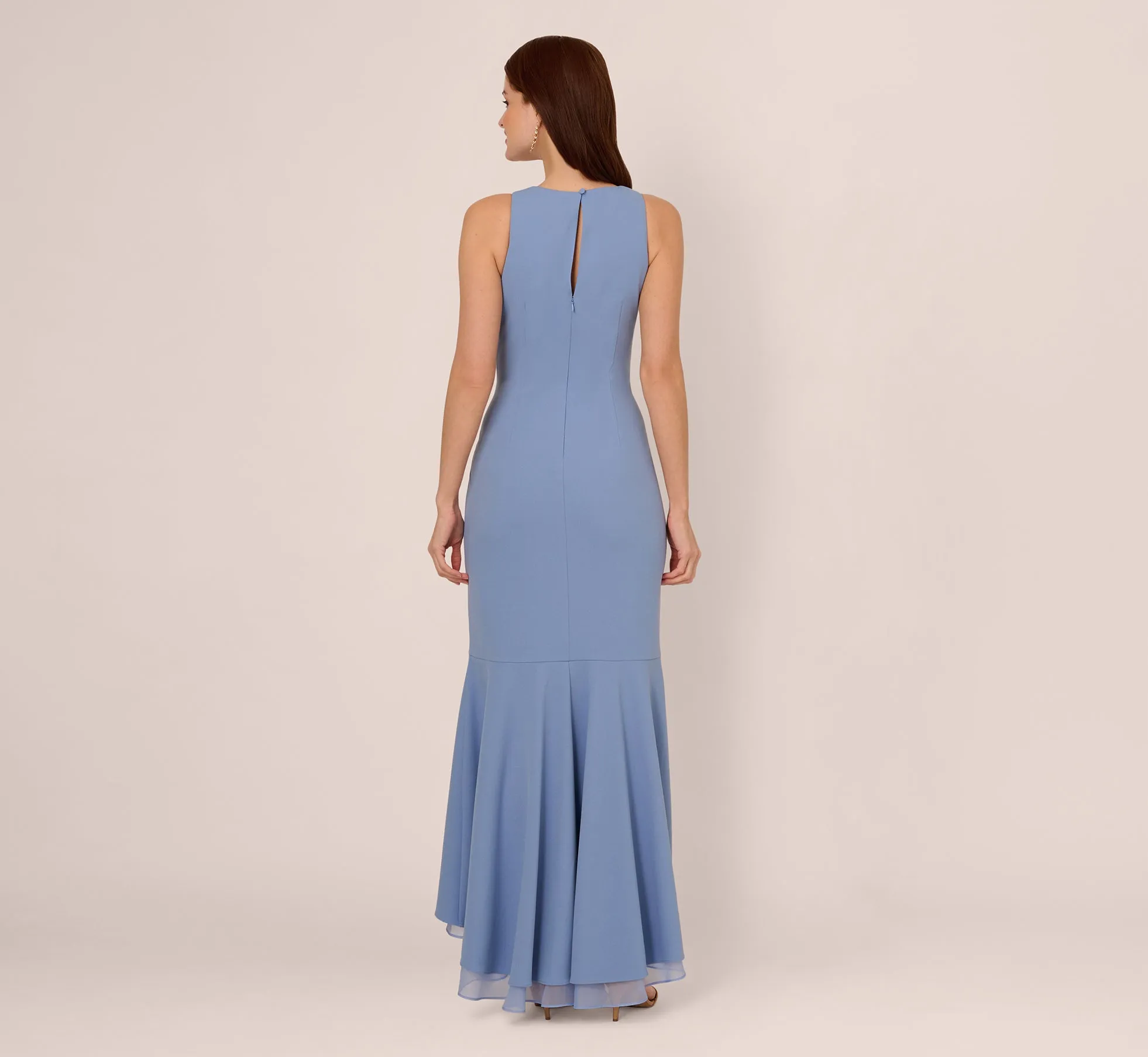 High Low Crepe Halter Gown With Organza Draping In French Blue sold by Adrianna Papell product image thumbnail 4