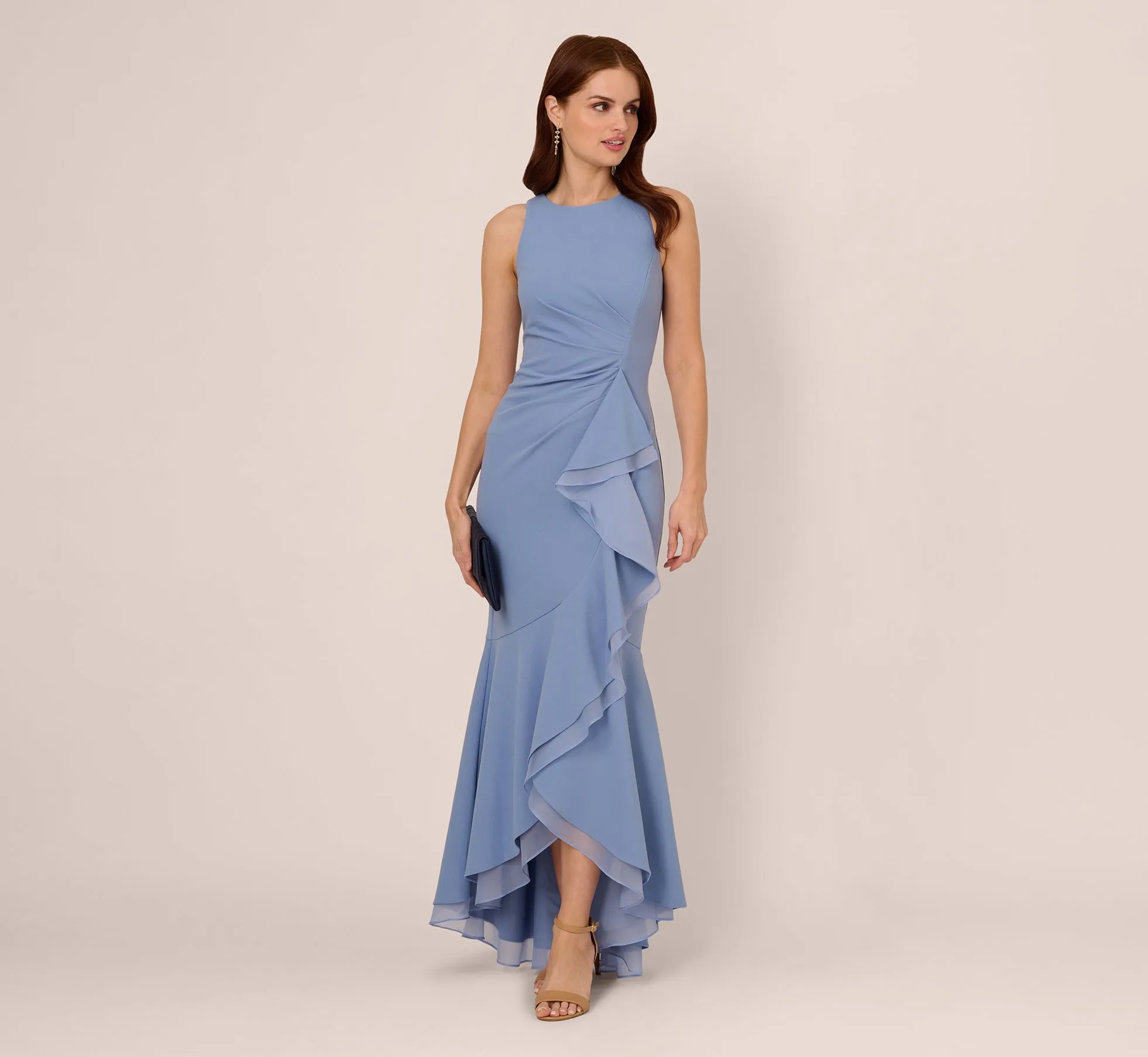 High Low Crepe Halter Gown With Organza Draping In French Blue sold by Adrianna Papell product image thumbnail 2