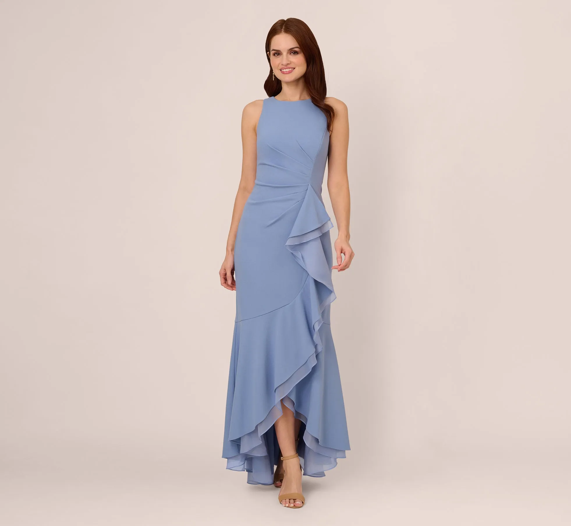High Low Crepe Halter Gown With Organza Draping In French Blue sold by Adrianna Papell