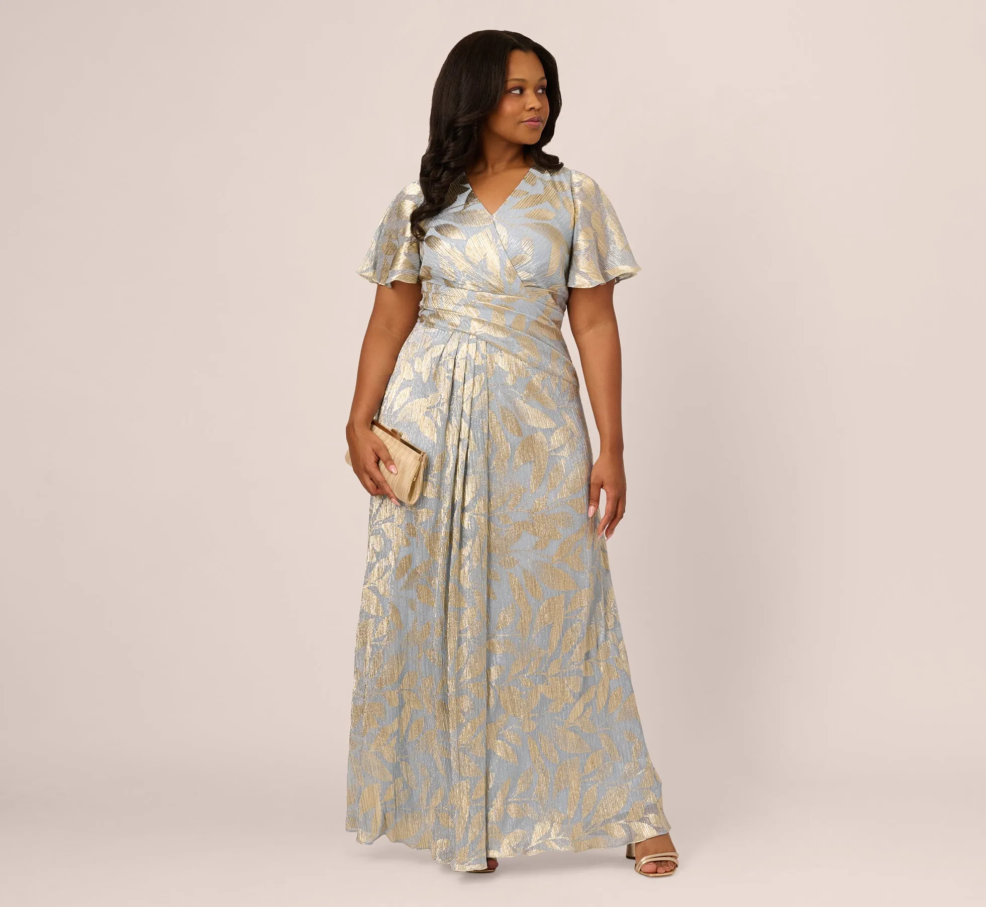Plus Size Foil Leaf Short Sleeve Gown With Draped Details In Light Blue Gold sold by Adrianna Papell product image thumbnail 2