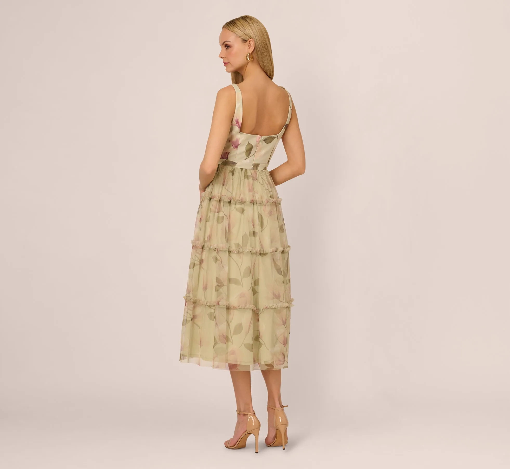 Sleeveless Square Neck Floral Tiered Midi Dress In Green Multi sold by Adrianna Papell product image thumbnail 4