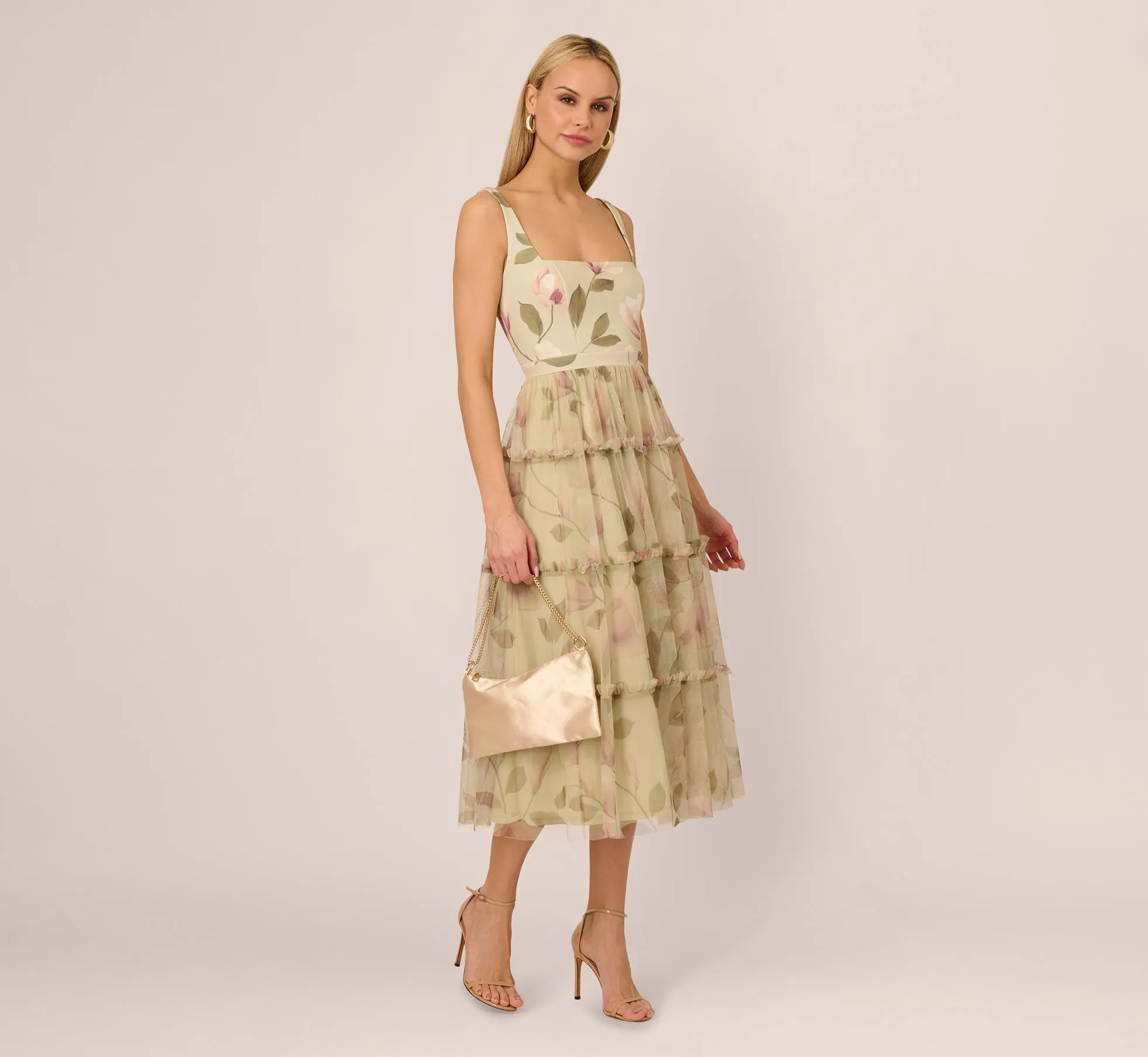 Sleeveless Square Neck Floral Tiered Midi Dress In Green Multi sold by Adrianna Papell product image thumbnail 2