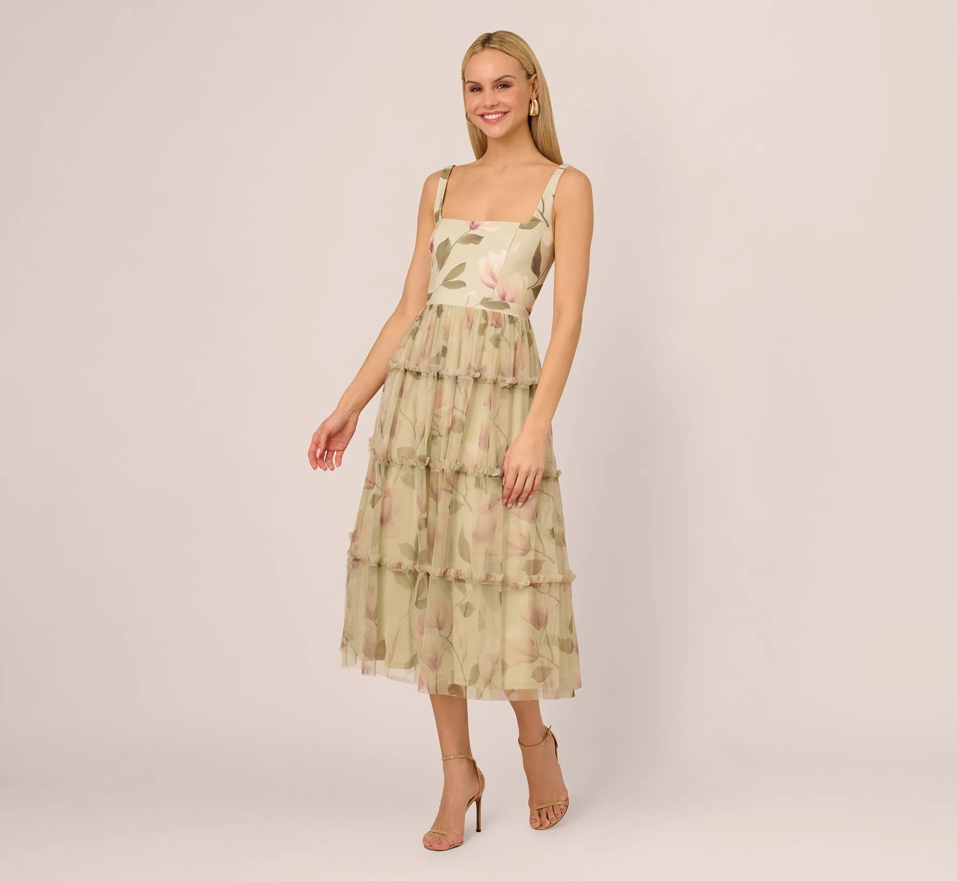 Sleeveless Square Neck Floral Tiered Midi Dress In Green Multi sold by Adrianna Papell