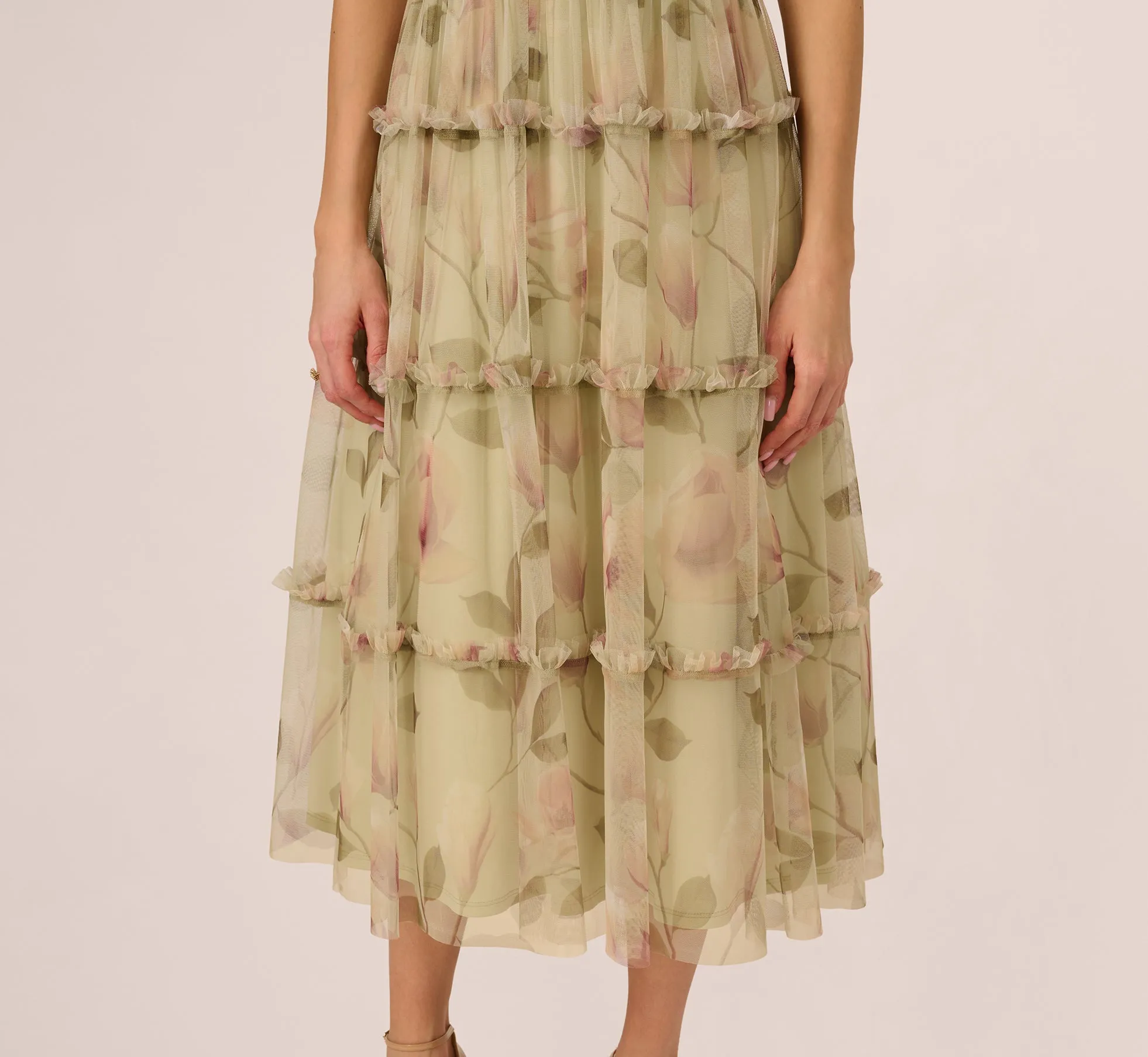 Sleeveless Square Neck Floral Tiered Midi Dress In Green Multi sold by Adrianna Papell product image thumbnail 5