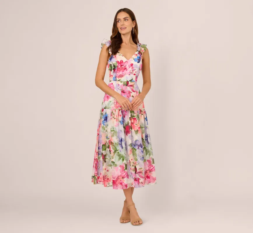 V Neck Floral Chiffon Midi Dress In Ivory Multi sold by Adrianna Papell