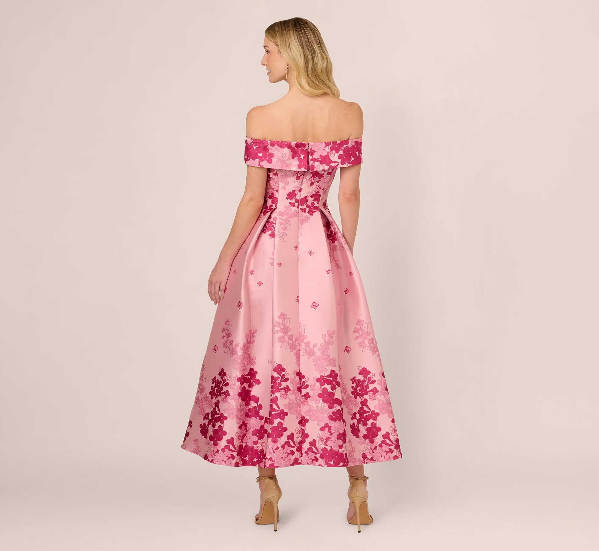 Floral Jacquard Ankle Length Dress With Off The Shoulder Neckline In Pink Multi sold by Adrianna Papell product image thumbnail 5