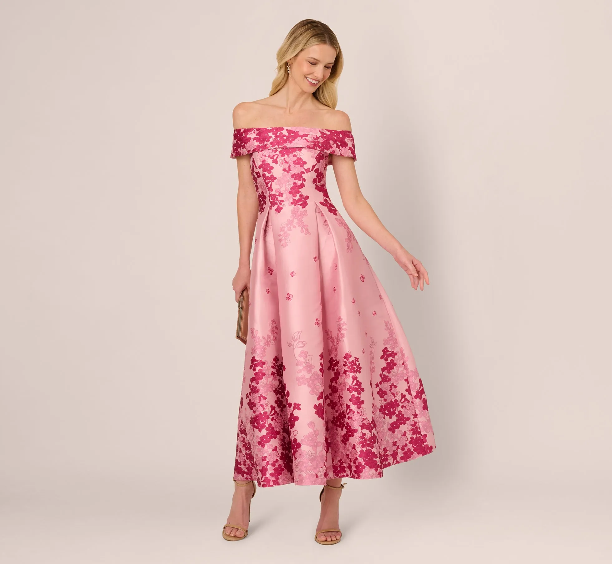 Floral Jacquard Ankle Length Dress With Off The Shoulder Neckline In Pink Multi sold by Adrianna Papell product image thumbnail 2