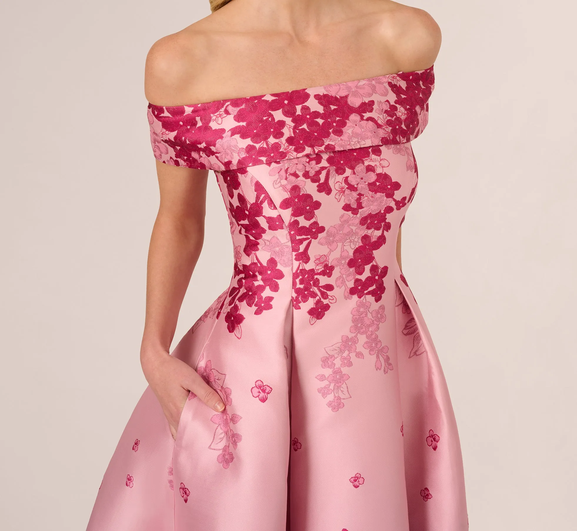 Floral Jacquard Ankle Length Dress With Off The Shoulder Neckline In Pink Multi sold by Adrianna Papell product image thumbnail 3