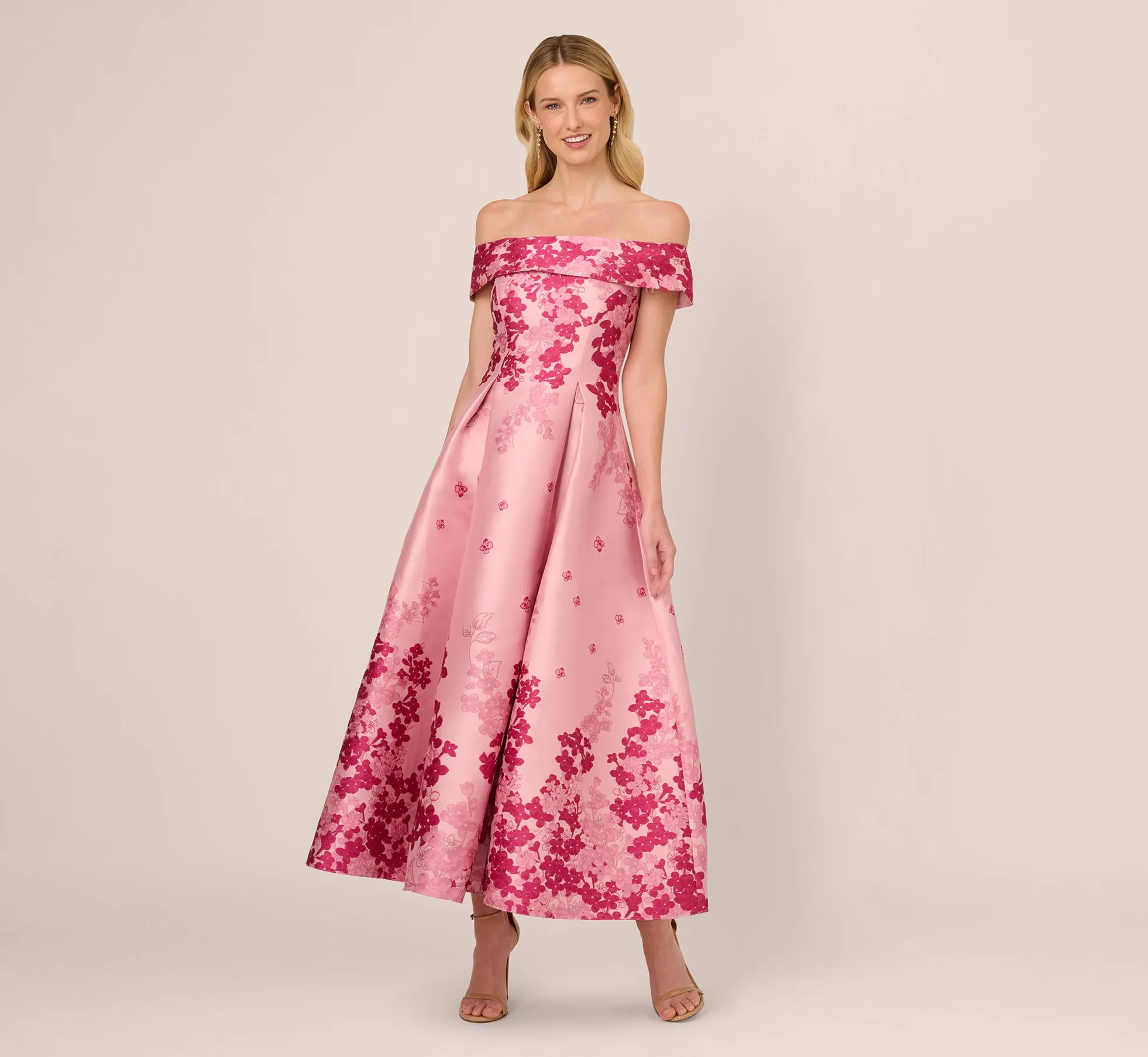 Floral Jacquard Ankle Length Dress With Off The Shoulder Neckline In Pink Multi sold by Adrianna Papell