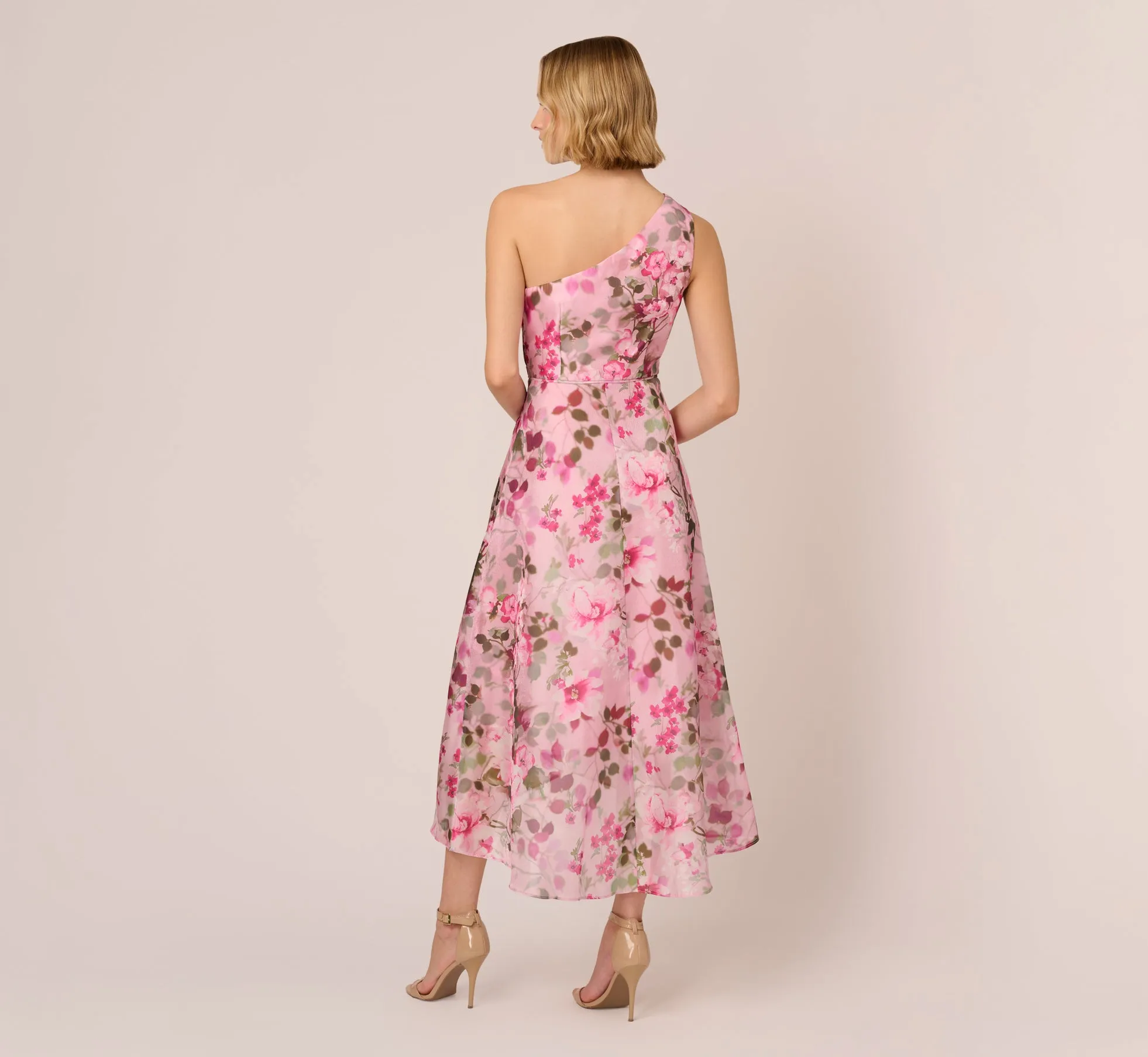 Floral Print Organza Midi Dress With One Shoulder Neckline In Pink Multi sold by Adrianna Papell product image thumbnail 5