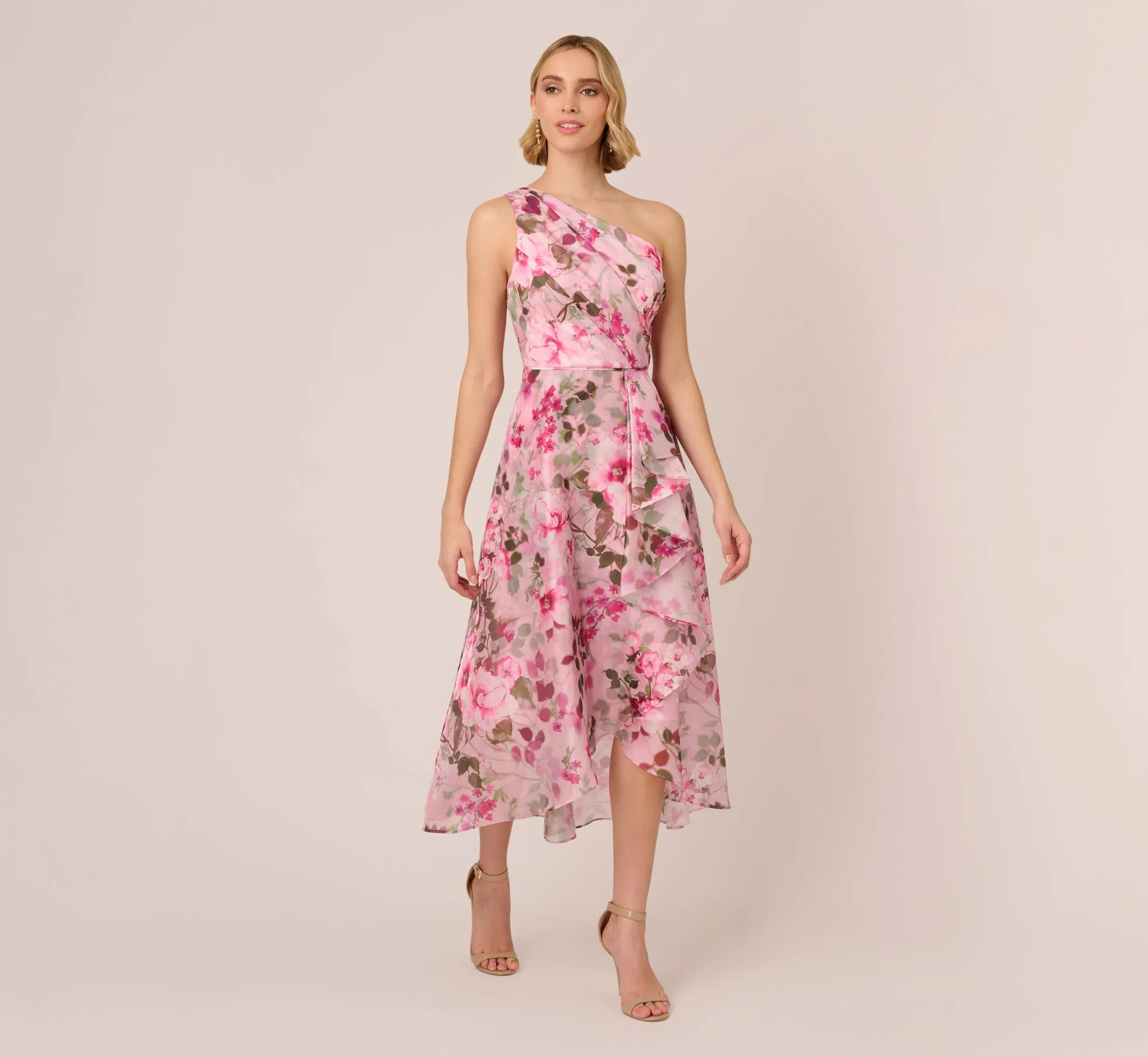 Floral Print Organza Midi Dress With One Shoulder Neckline In Pink Multi sold by Adrianna Papell