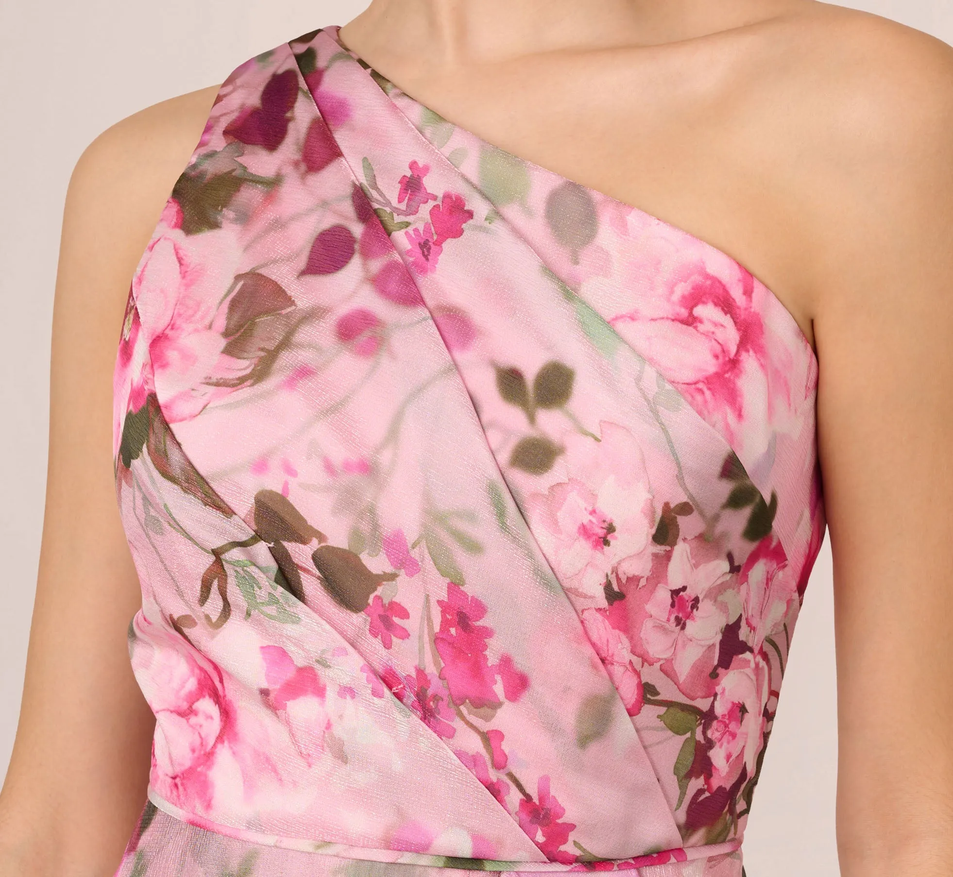 Floral Print Organza Midi Dress With One Shoulder Neckline In Pink Multi sold by Adrianna Papell product image thumbnail 4