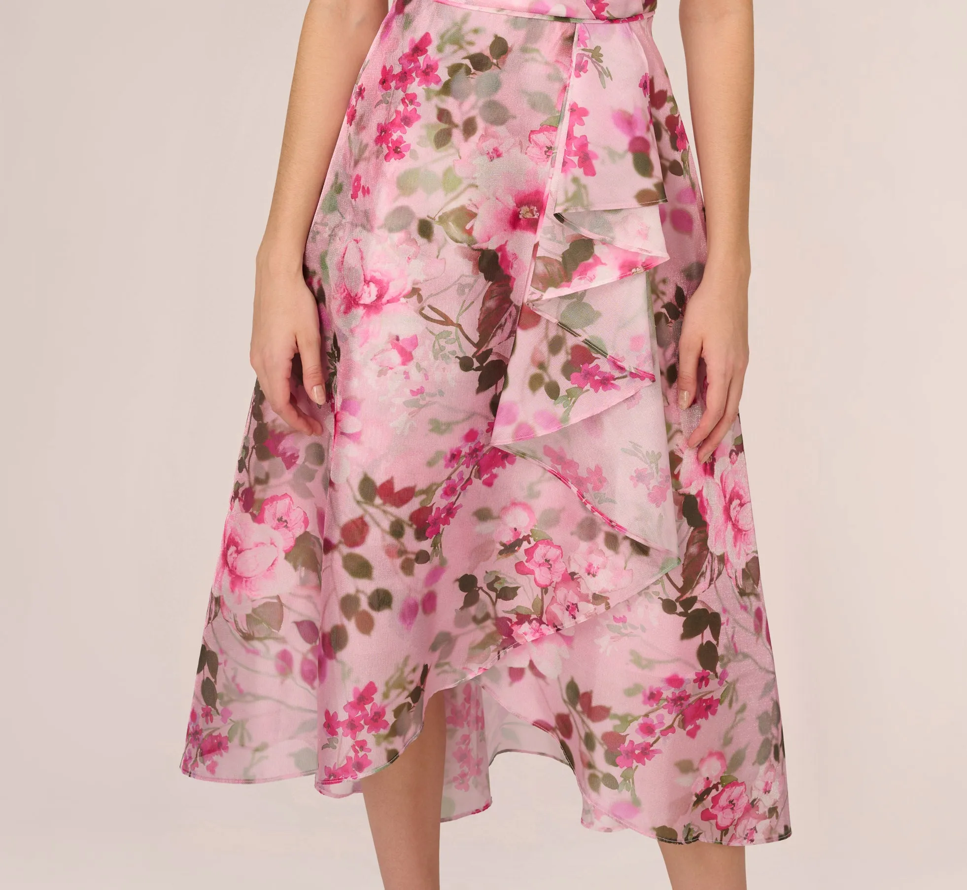 Floral Print Organza Midi Dress With One Shoulder Neckline In Pink Multi sold by Adrianna Papell product image thumbnail 3