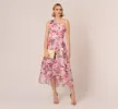 Floral Print Organza Midi Dress With One Shoulder Neckline In Pink Multi sold by Adrianna Papell
