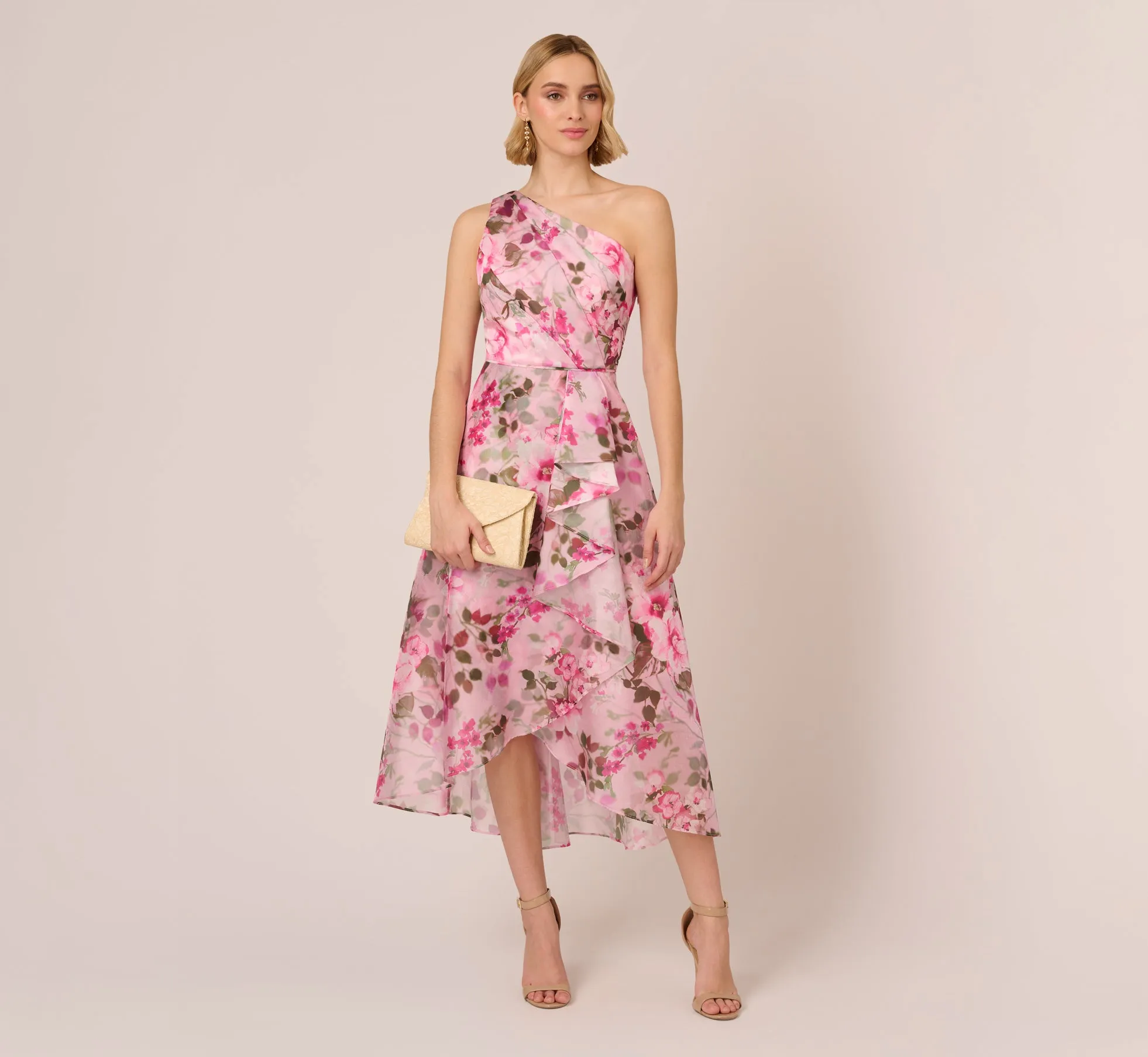 Floral Print Organza Midi Dress With One Shoulder Neckline In Pink Multi sold by Adrianna Papell product image thumbnail 2