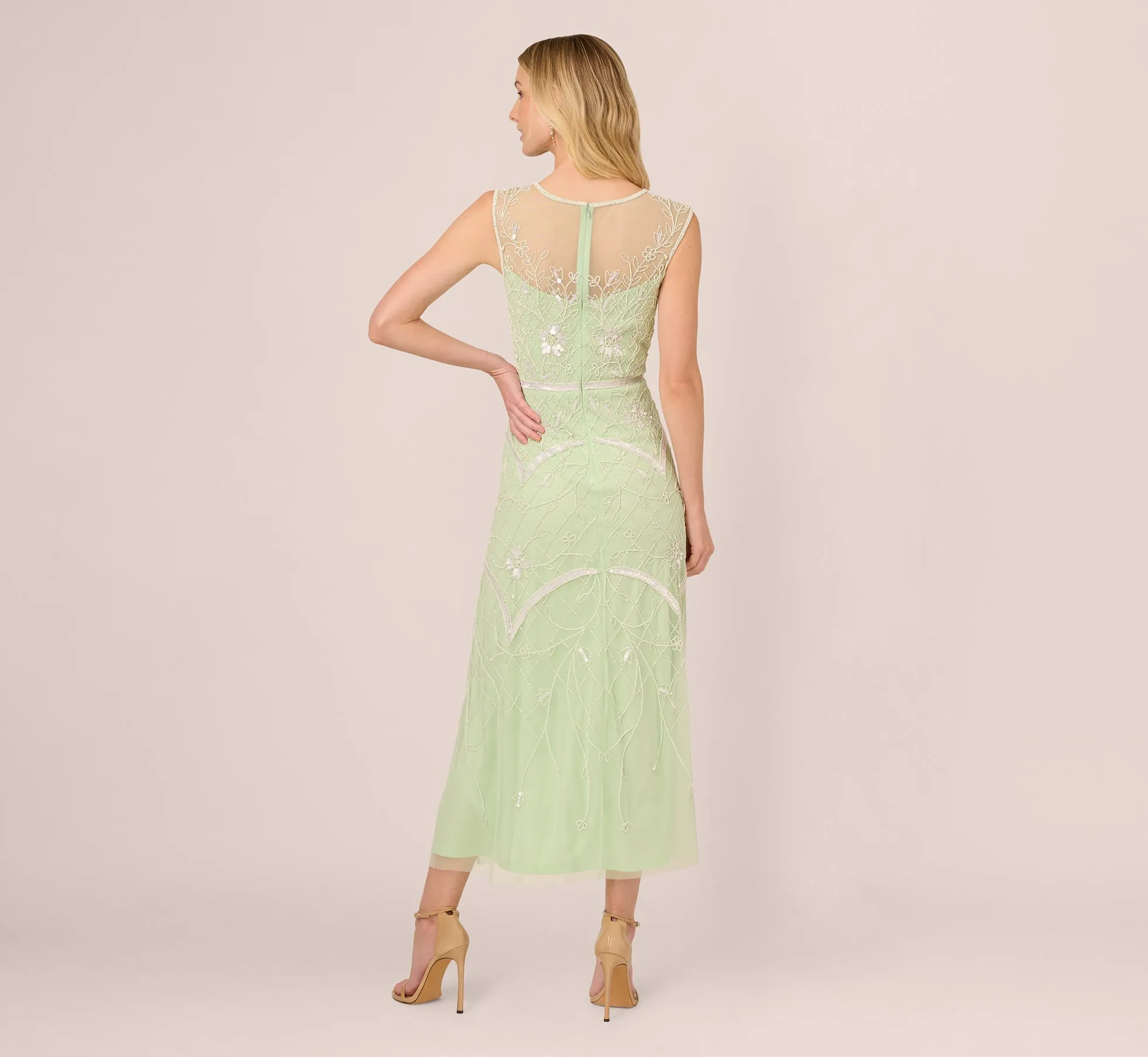Beaded Ankle-Length Dress With Sheer Neckline In Aloe Mist Ivory sold by Adrianna Papell product image thumbnail 4