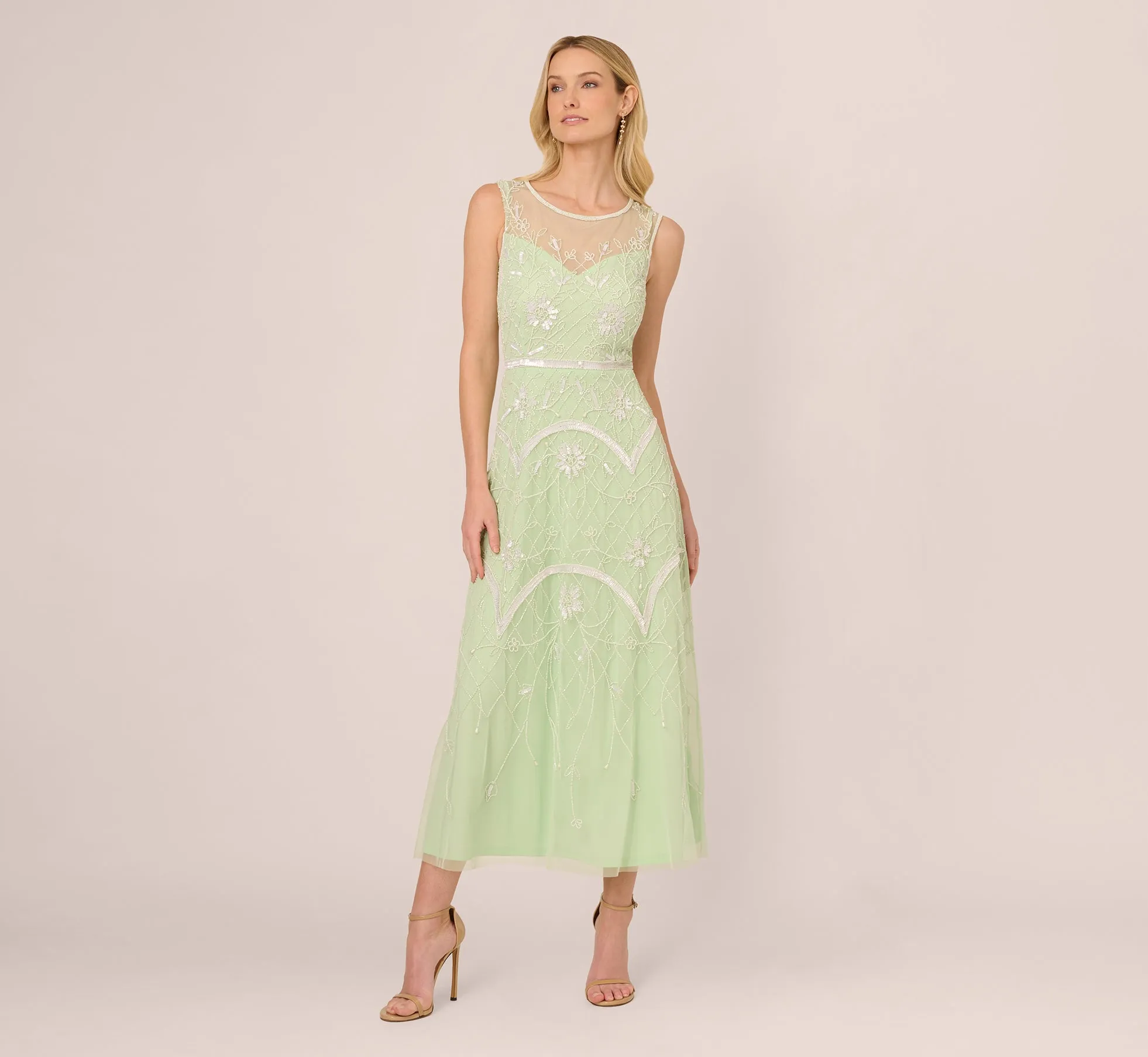 Beaded Ankle-Length Dress With Sheer Neckline In Aloe Mist Ivory sold by Adrianna Papell