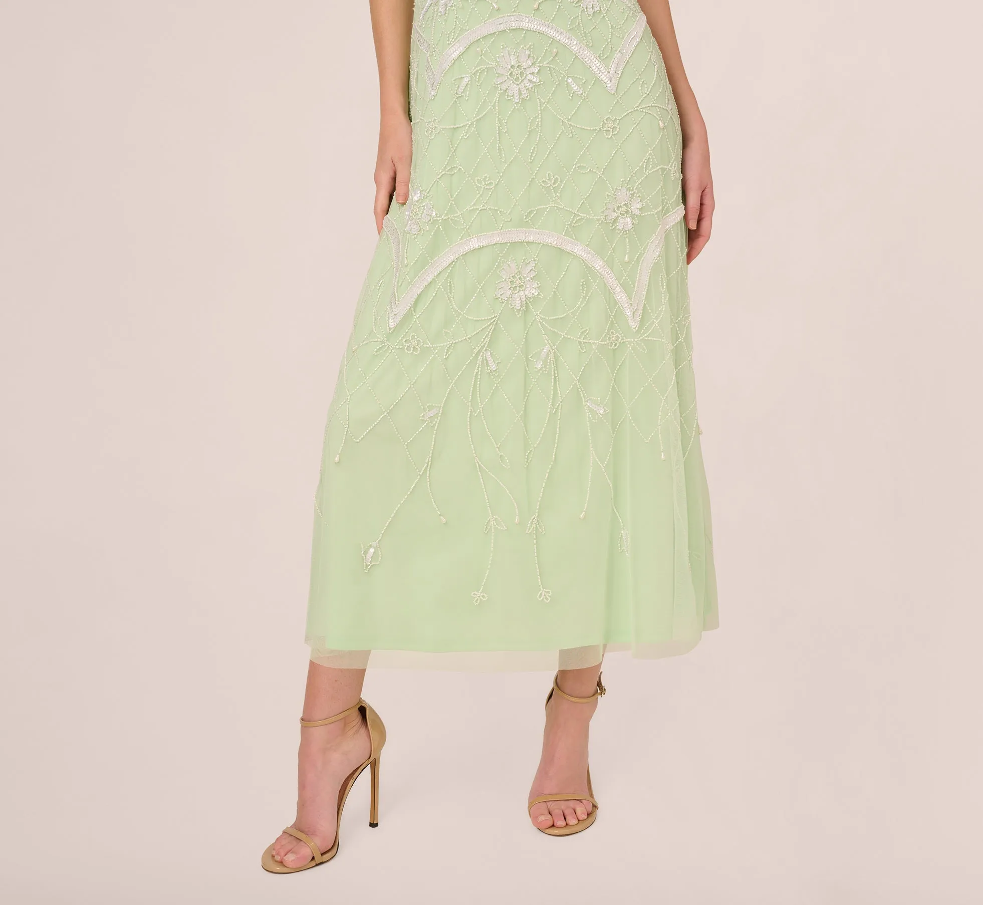 Beaded Ankle-Length Dress With Sheer Neckline In Aloe Mist Ivory sold by Adrianna Papell product image thumbnail 5
