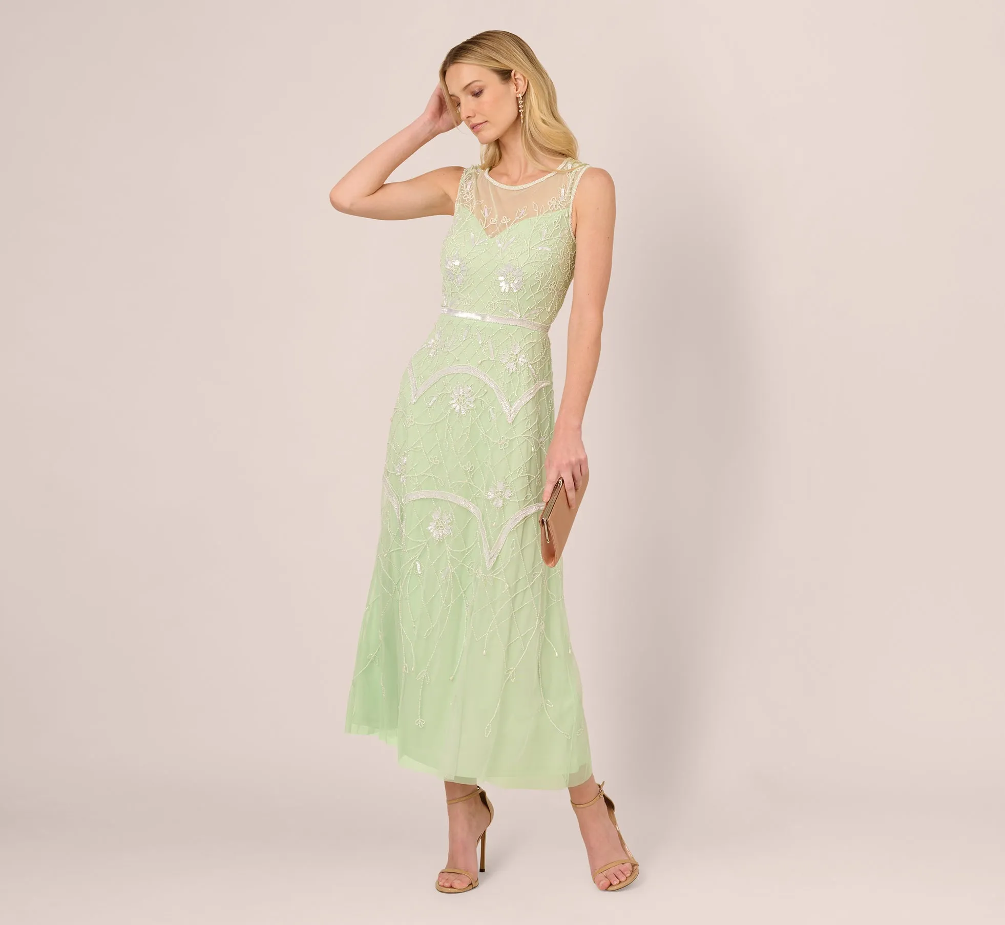 Beaded Ankle-Length Dress With Sheer Neckline In Aloe Mist Ivory sold by Adrianna Papell product image thumbnail 2
