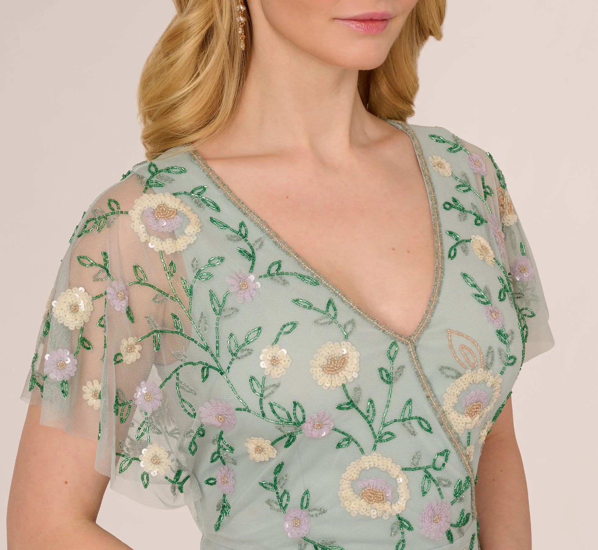 Flutter Sleeve Beaded Wrap Dress In Aqua Dust sold by Adrianna Papell product image thumbnail 3