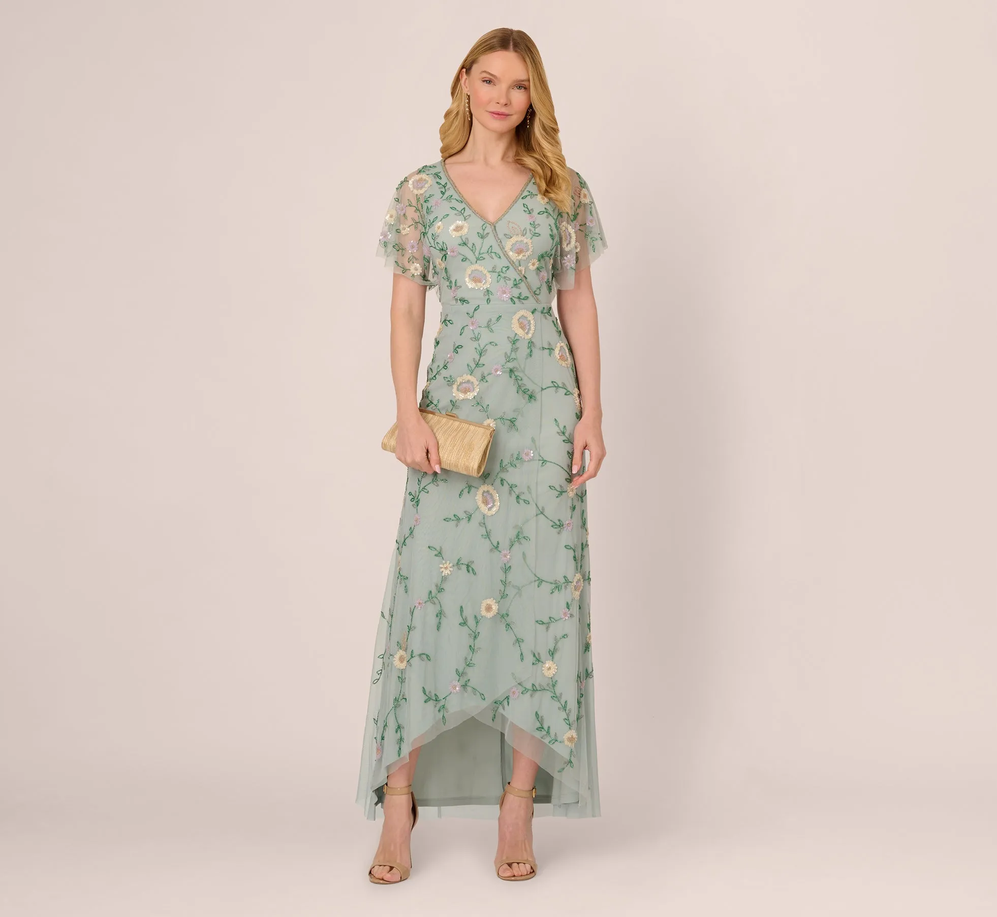 Flutter Sleeve Beaded Wrap Dress In Aqua Dust sold by Adrianna Papell product image thumbnail 2