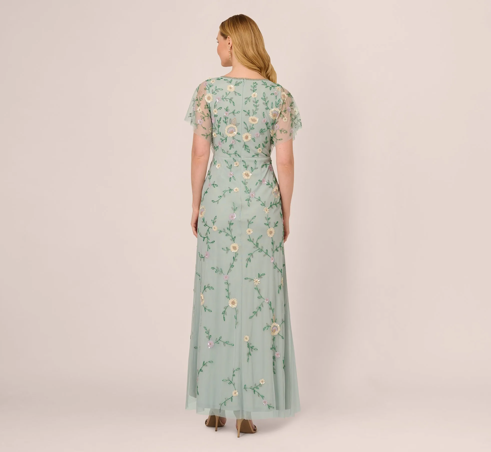 Flutter Sleeve Beaded Wrap Dress In Aqua Dust sold by Adrianna Papell product image thumbnail 4