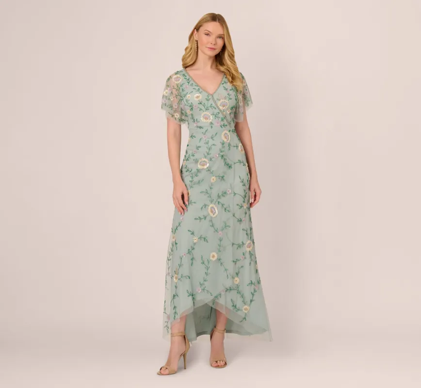 Flutter Sleeve Beaded Wrap Dress In Aqua Dust made by Adrianna Papell