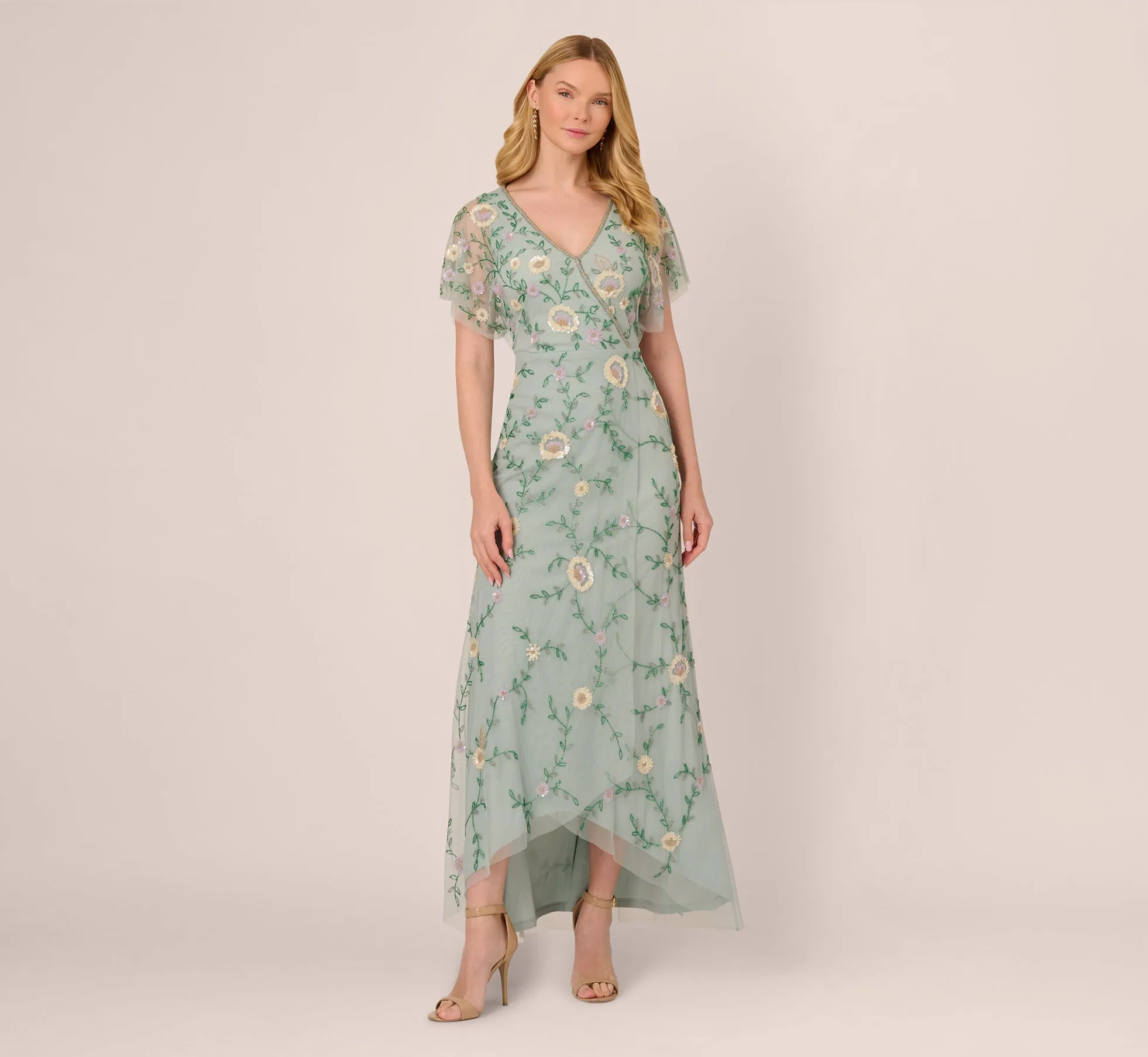 Flutter Sleeve Beaded Wrap Dress In Aqua Dust sold by Adrianna Papell