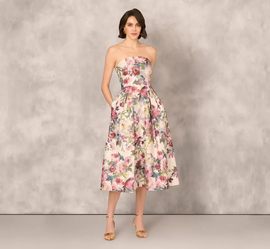 Strapless Floral Jacquard Midi Dress In Pink Multi sold by Adrianna Papell
