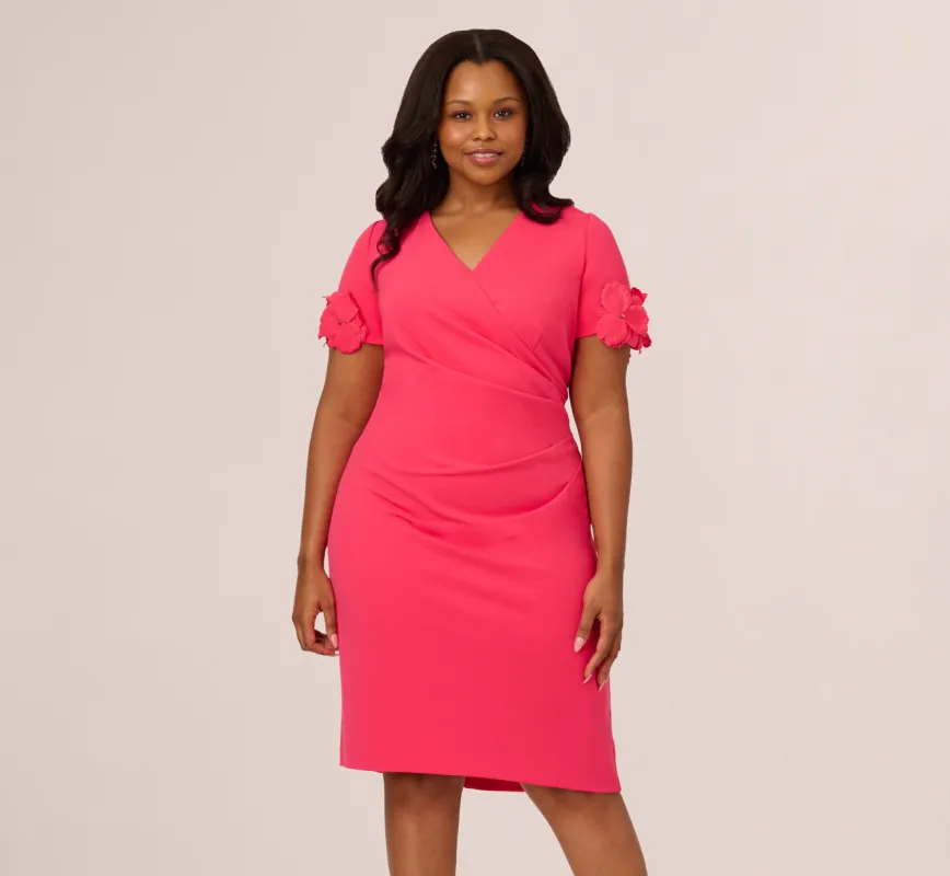 Plus Size Crepe Faux Wrap Sheath Dress With Floral Accent Short Sleeves In Petunia sold by Adrianna Papell
