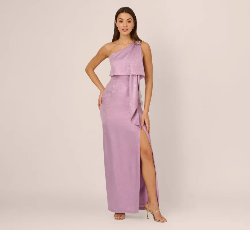 One Shoulder Foil Draped Popover Gown In Light Purple sold by Adrianna Papell