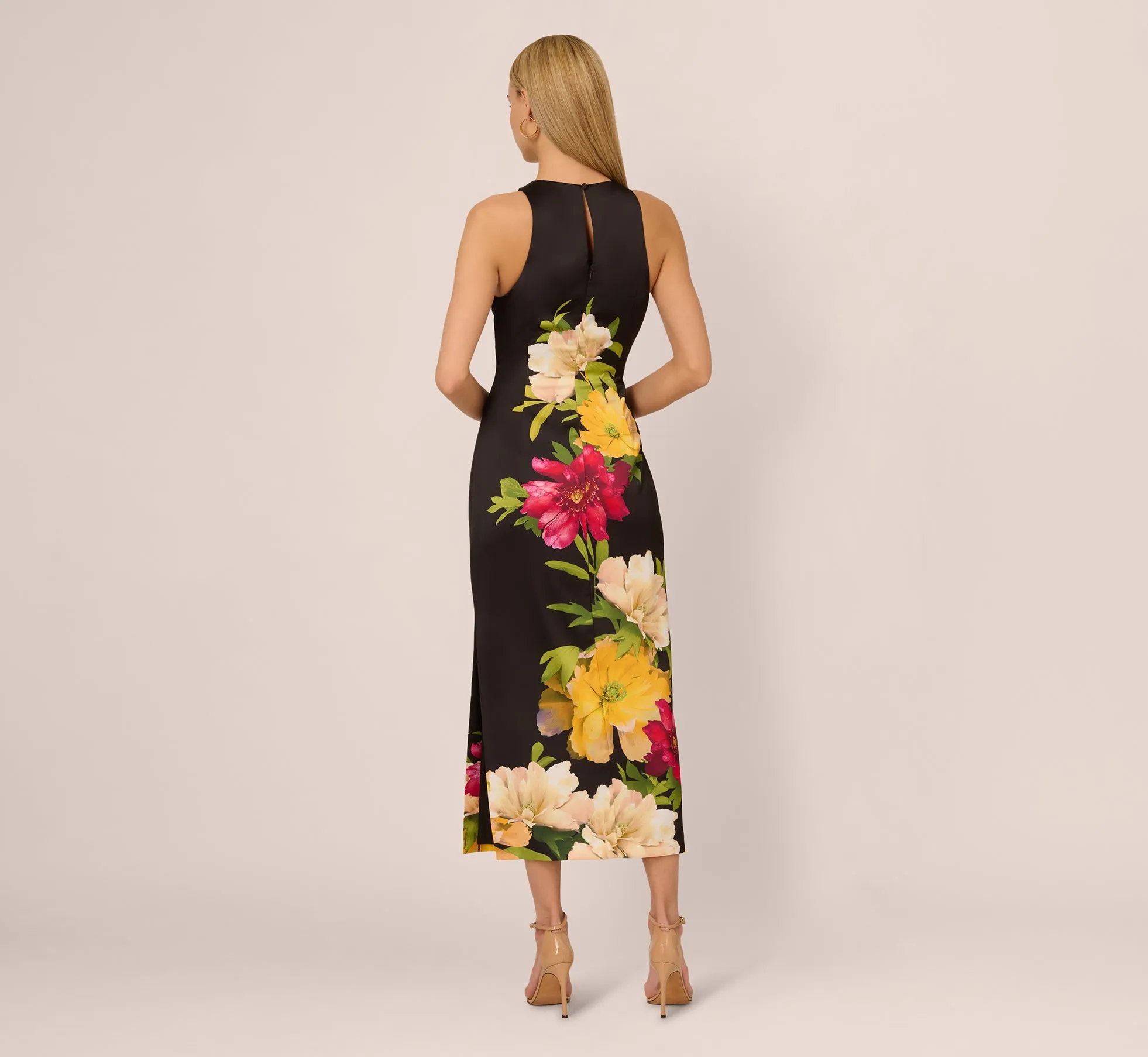 Sleeveless Floral Printed Satin Midi Dress In Black Multi sold by Adrianna Papell product image thumbnail 4