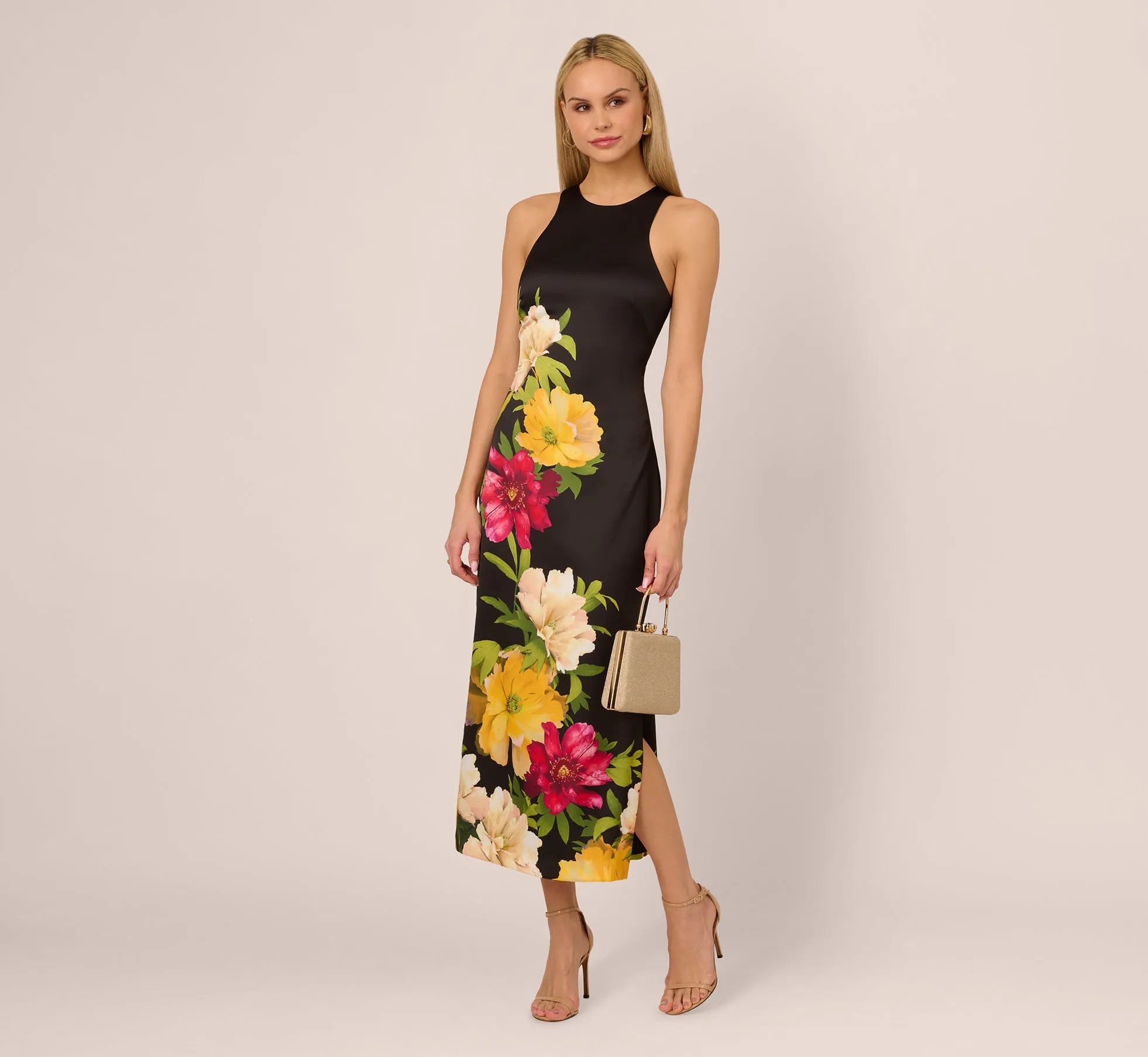 Sleeveless Floral Printed Satin Midi Dress In Black Multi sold by Adrianna Papell product image thumbnail 2