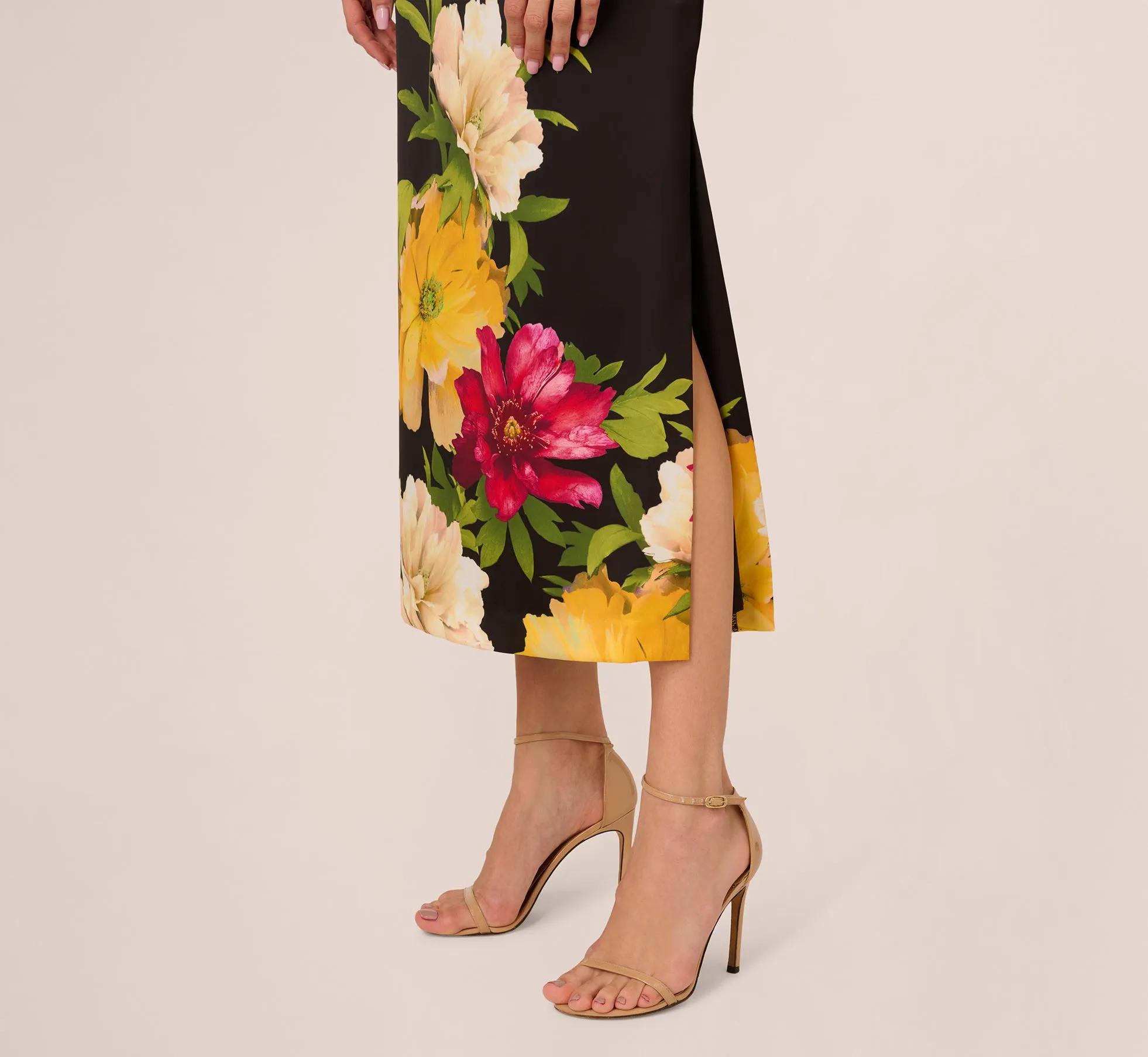 Sleeveless Floral Printed Satin Midi Dress In Black Multi sold by Adrianna Papell product image thumbnail 5