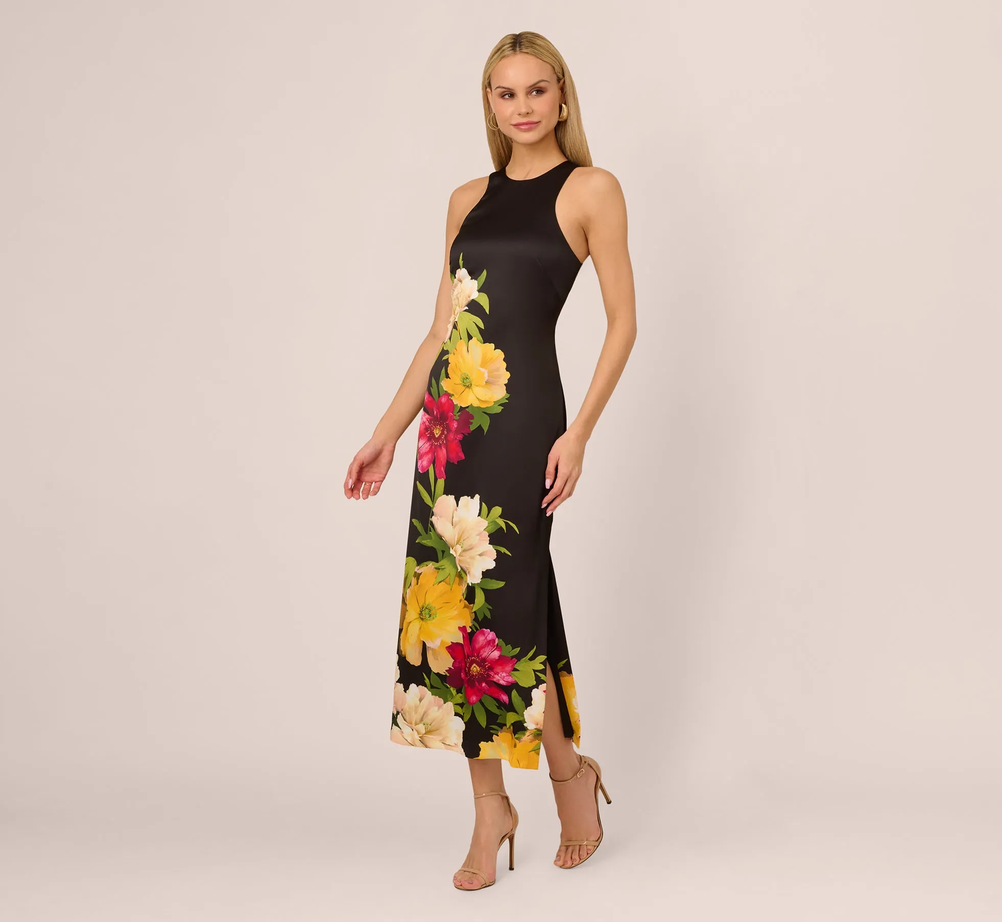 Sleeveless Floral Printed Satin Midi Dress In Black Multi sold by Adrianna Papell