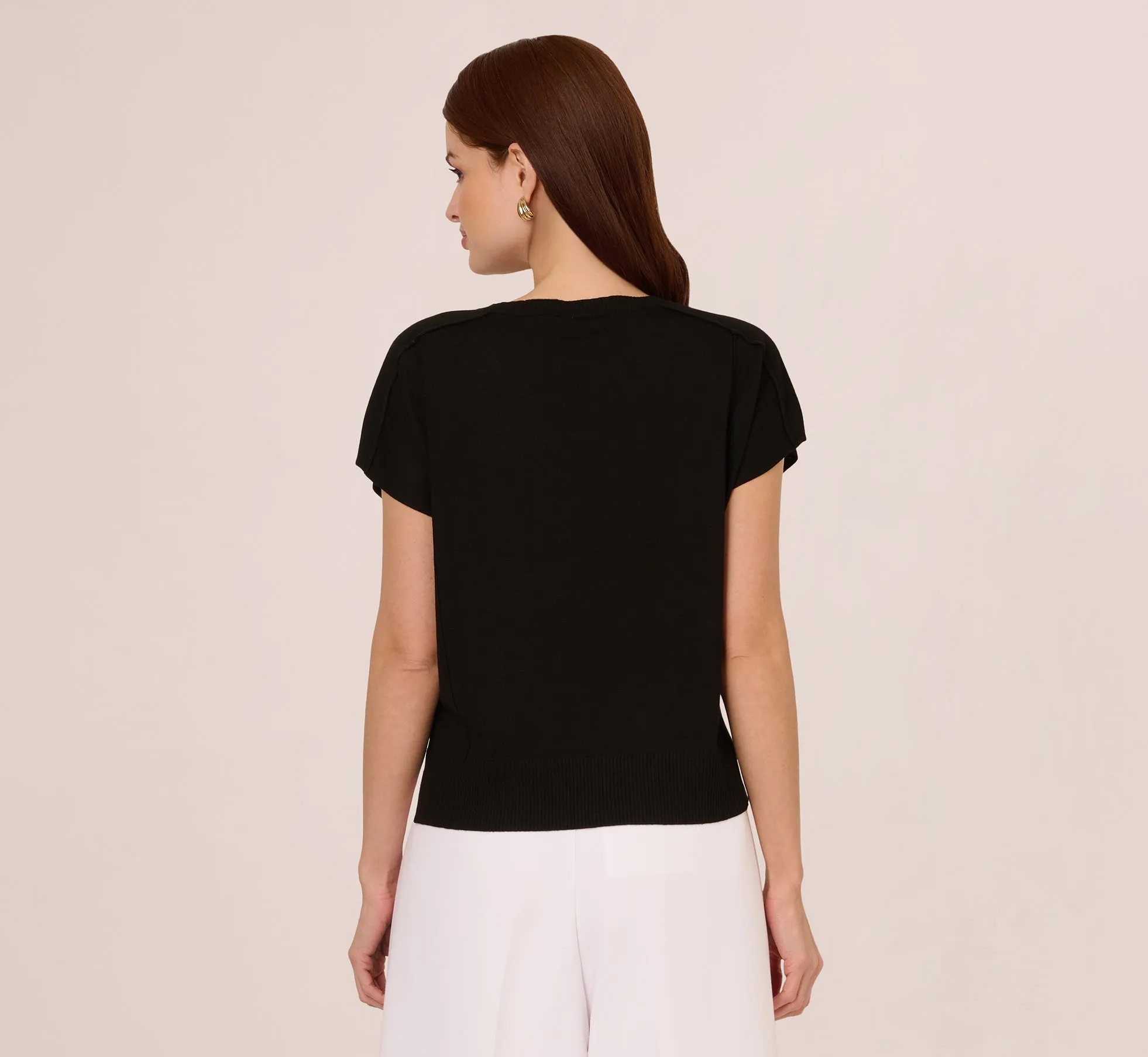 Short Sleeve Exposed Seam Pullover Sweater In Black sold by Adrianna Papell product image thumbnail 4