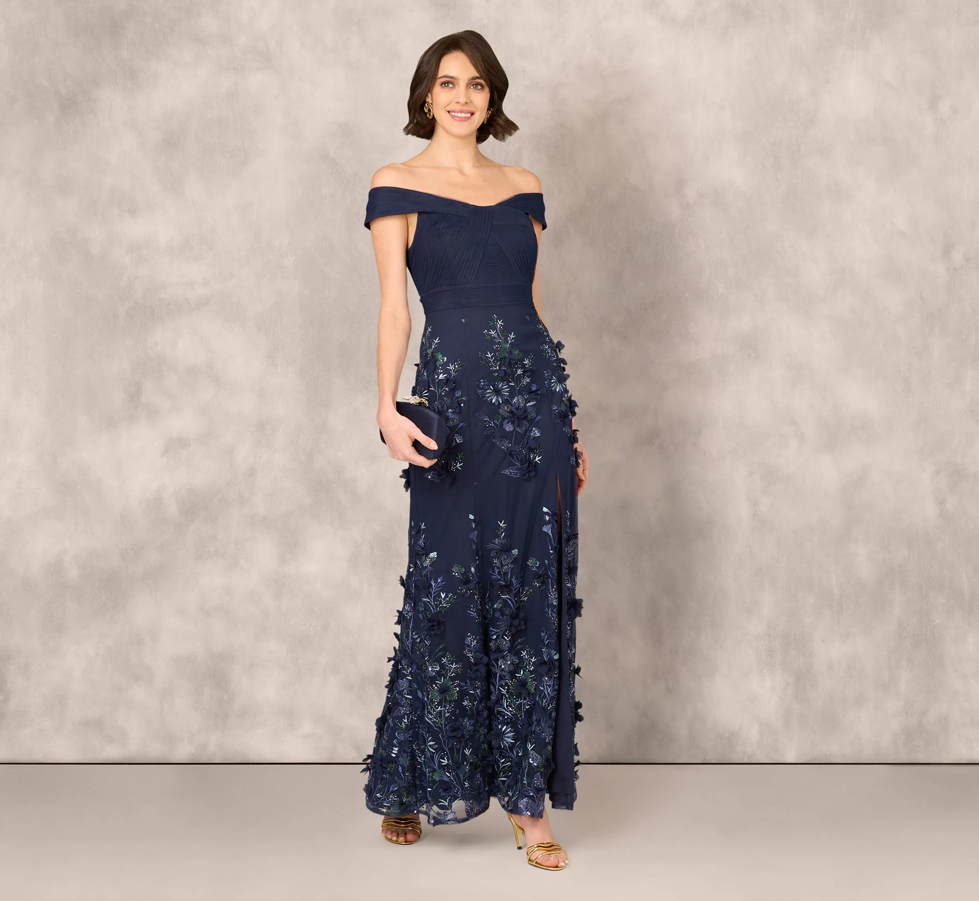 Off Shoulder Sequin Embroidery Mermaid Gown In Navy sold by Adrianna Papell product image thumbnail 2