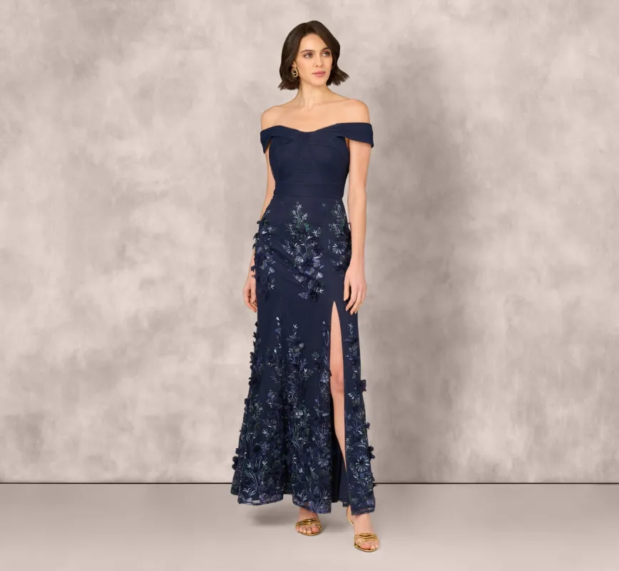 Off Shoulder Sequin Embroidery Mermaid Gown In Navy made by Aidan Mattox