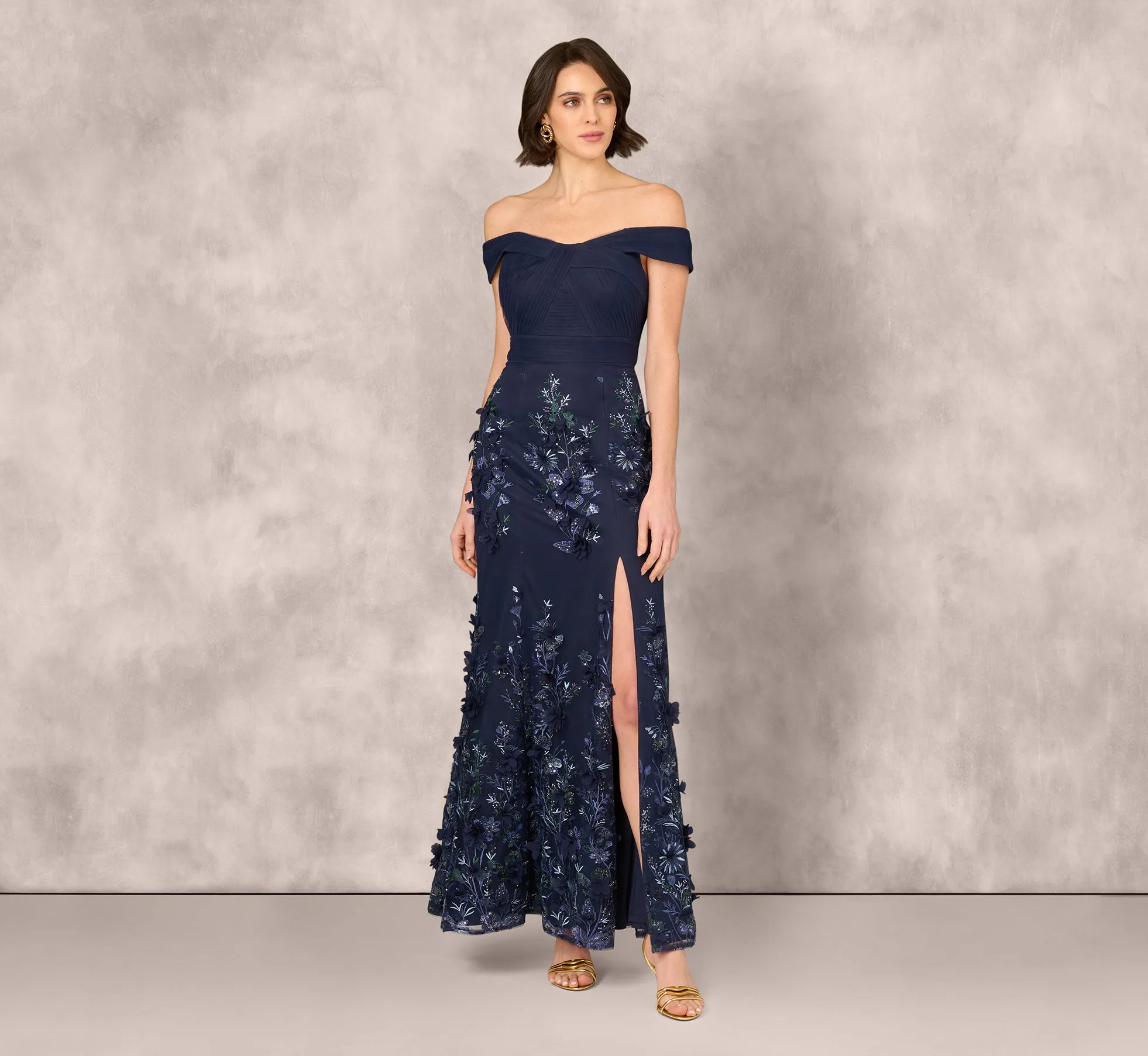 Off Shoulder Sequin Embroidery Mermaid Gown In Navy sold by Adrianna Papell