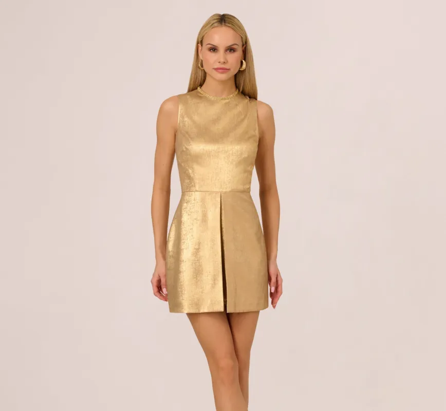 Foiled Sleeveless Beaded Collar Overlay Romper In Light Gold sold by Adrianna Papell