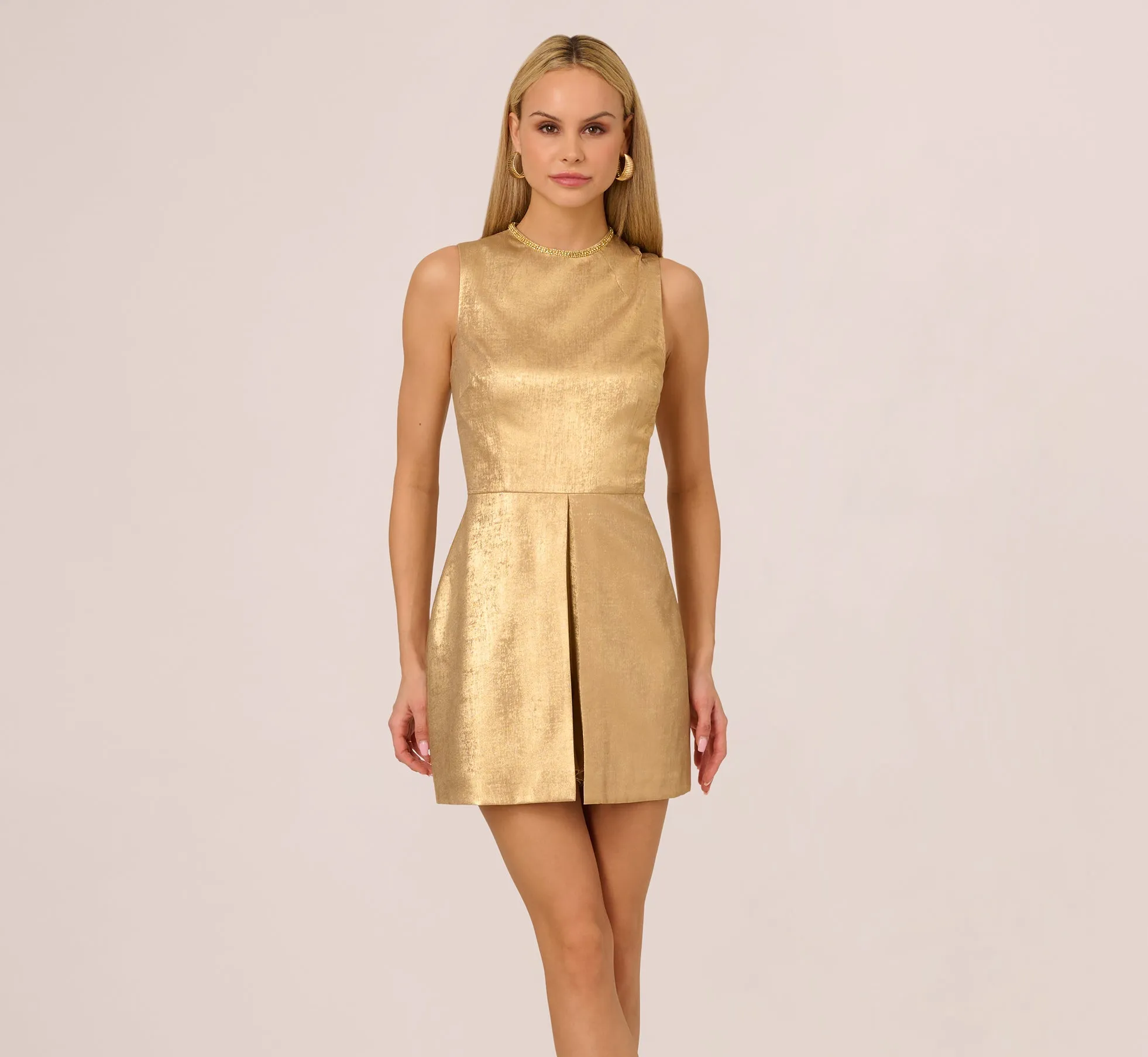Foiled Sleeveless Beaded Collar Overlay Romper In Light Gold sold by Adrianna Papell