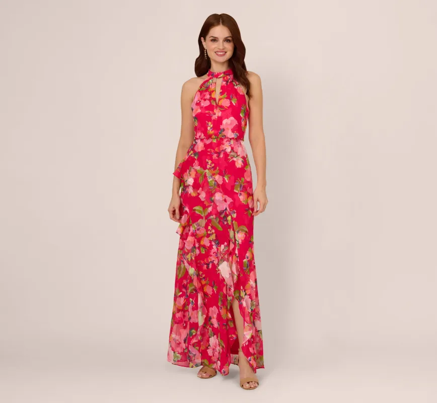 Floral Chiffon Keyhole Halter Maxi Dress In Pink Multi sold by Adrianna Papell