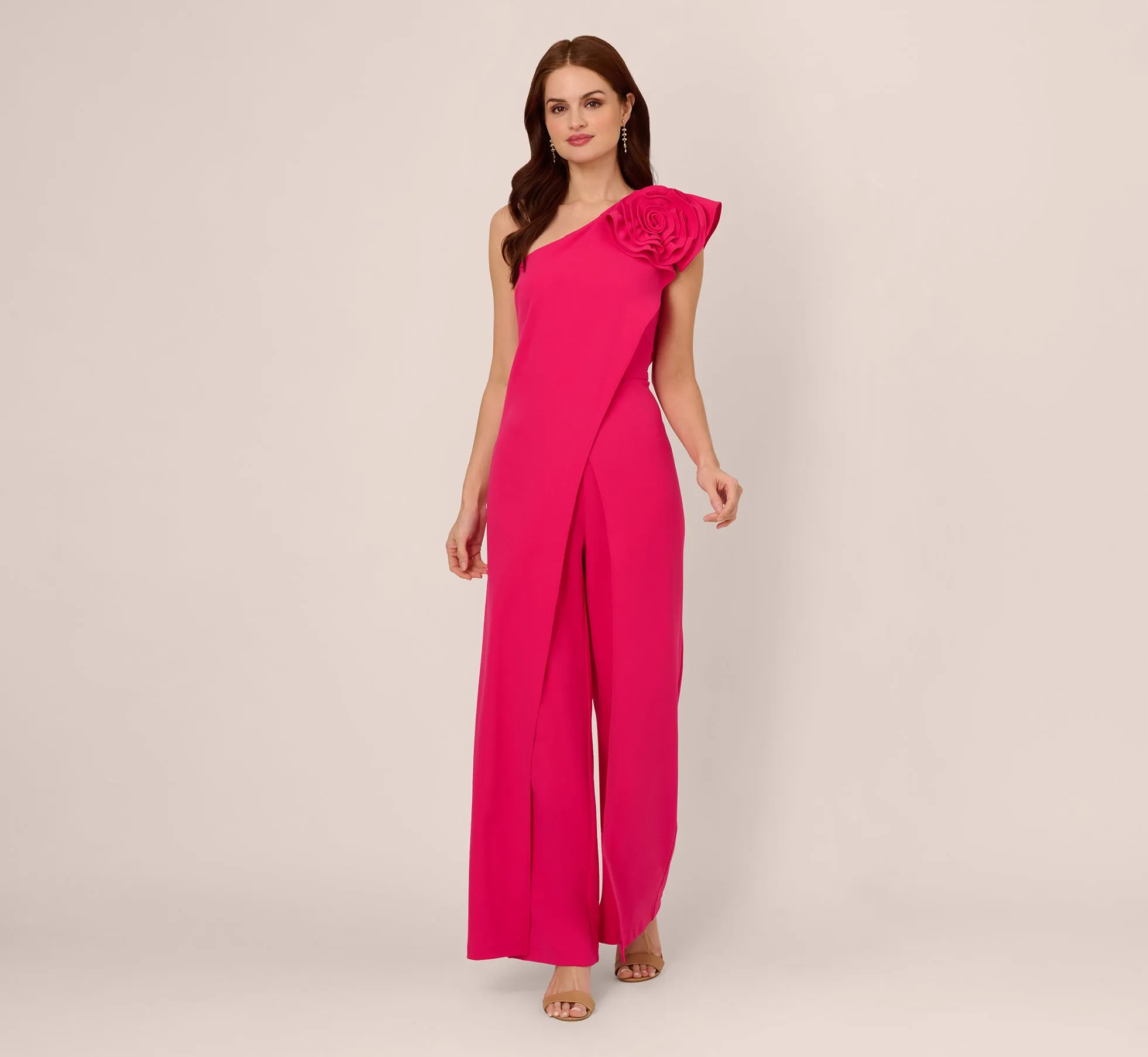 One Shoulder Rosette Overlay Jumpsuit In Geranium sold by Adrianna Papell
