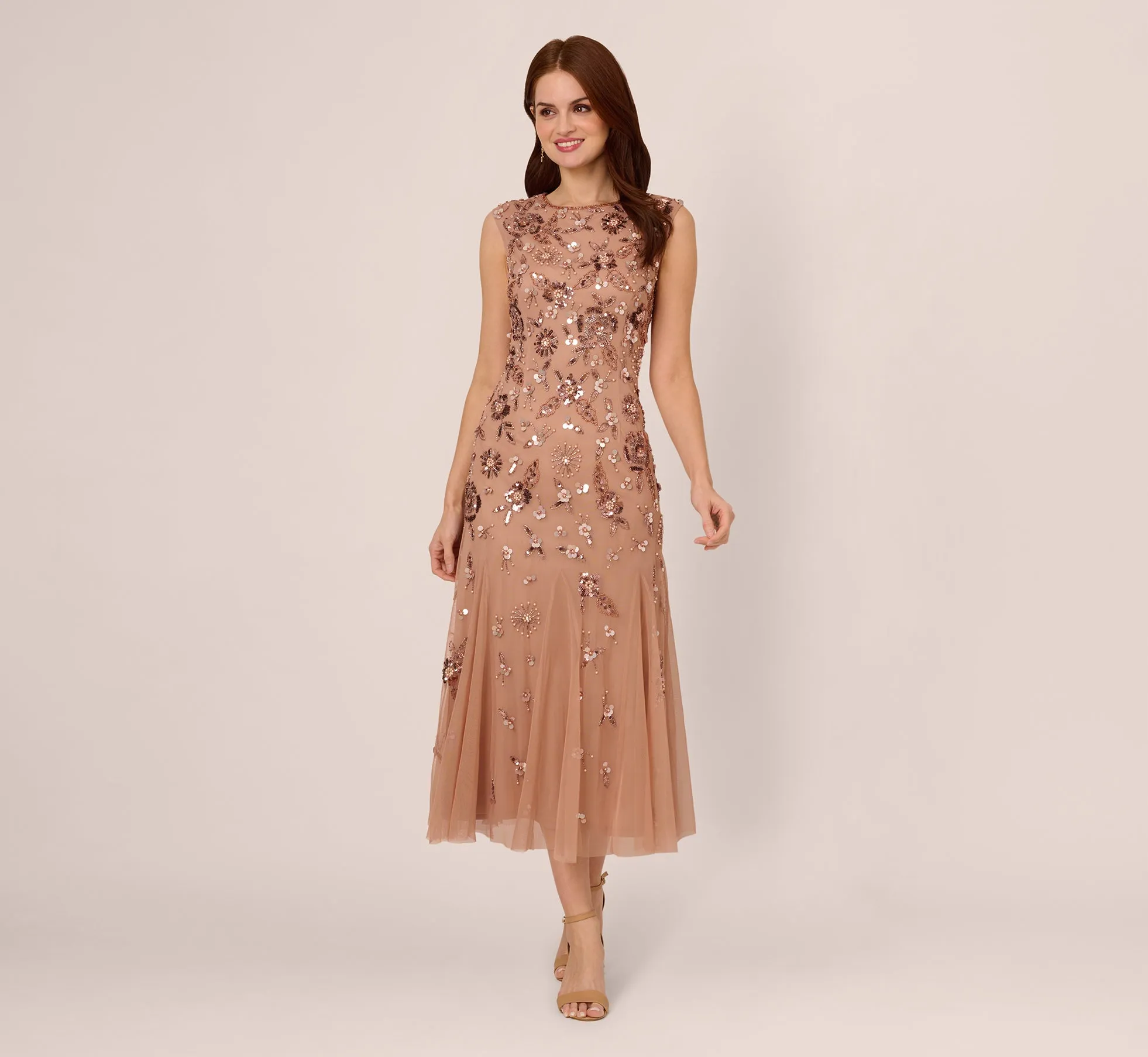 Floral Beaded Ankle Length Gown In Rose Gold sold by Adrianna Papell