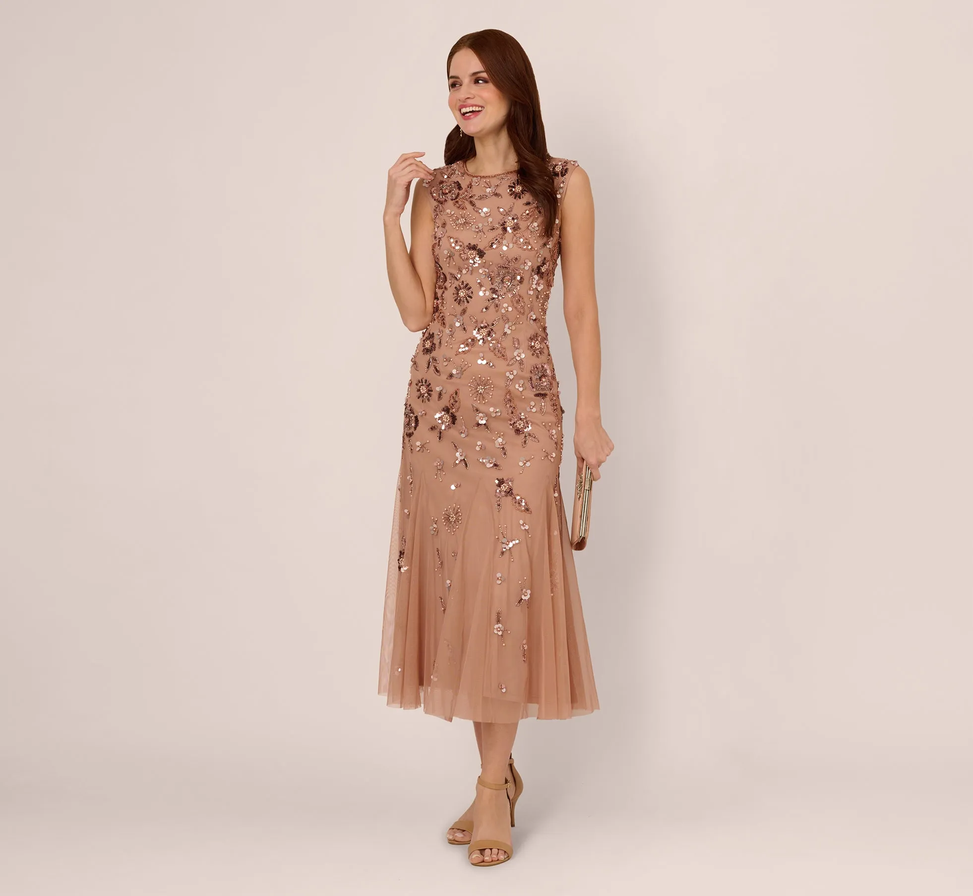 Floral Beaded Ankle Length Gown In Rose Gold sold by Adrianna Papell product image thumbnail 2
