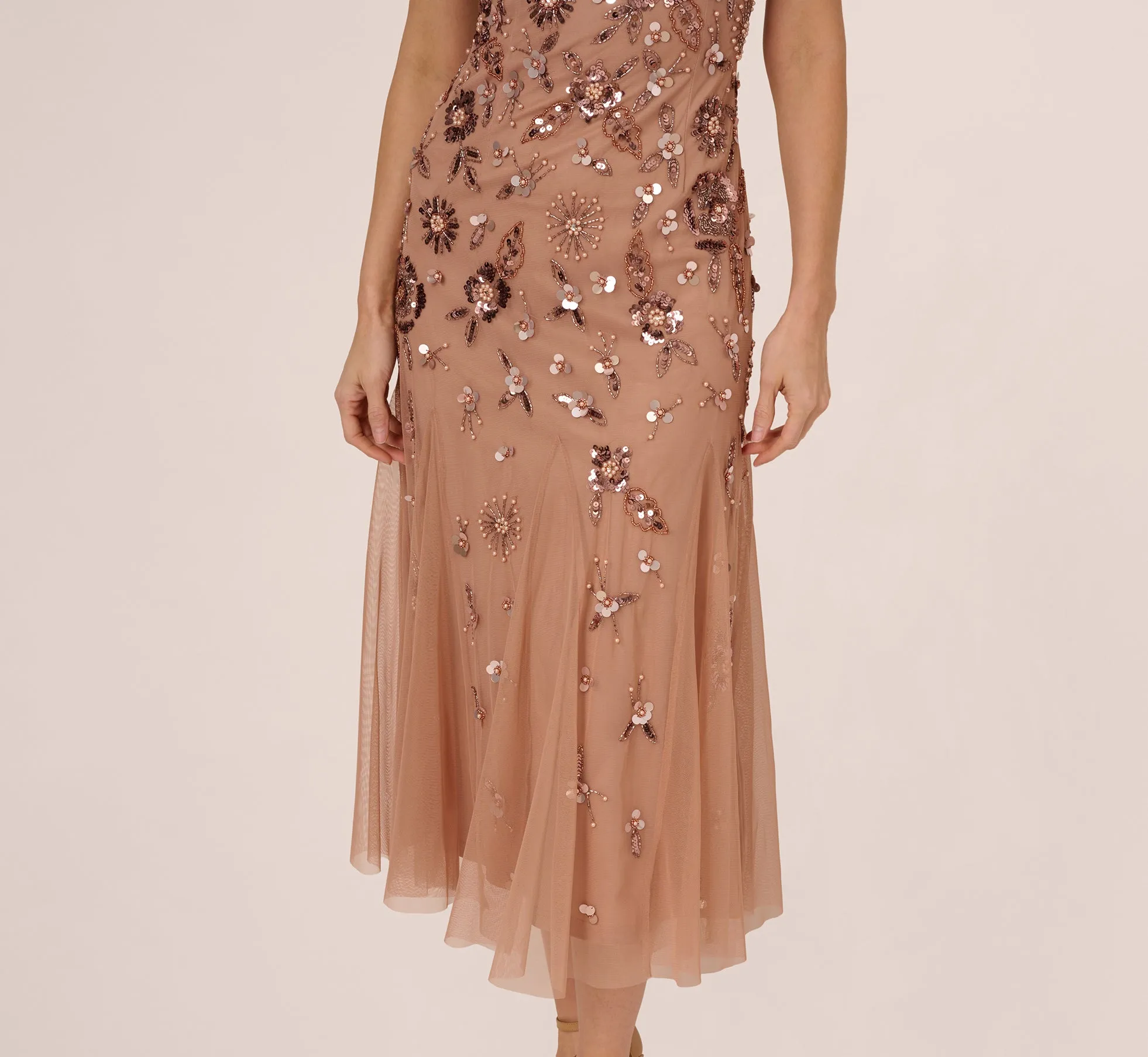 Floral Beaded Ankle Length Gown In Rose Gold sold by Adrianna Papell product image thumbnail 5