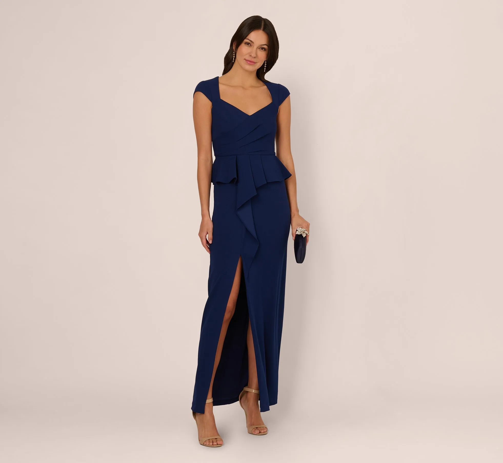 Cap Sleeve Draped Peplum Gown In Navy Sateen sold by Adrianna Papell product image thumbnail 2