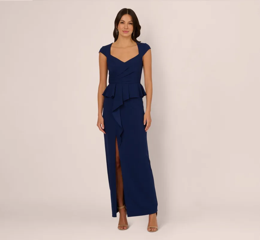 Cap Sleeve Draped Peplum Gown In Navy Sateen sold by Adrianna Papell