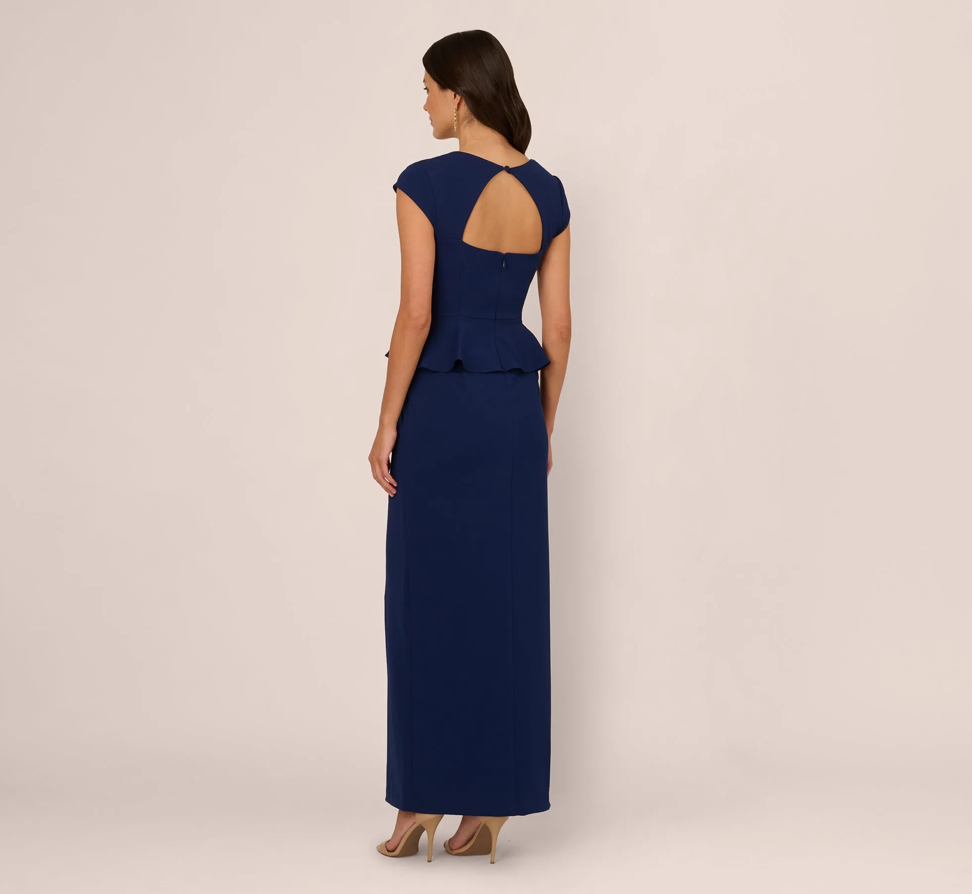Cap Sleeve Draped Peplum Gown In Navy Sateen sold by Adrianna Papell product image thumbnail 4